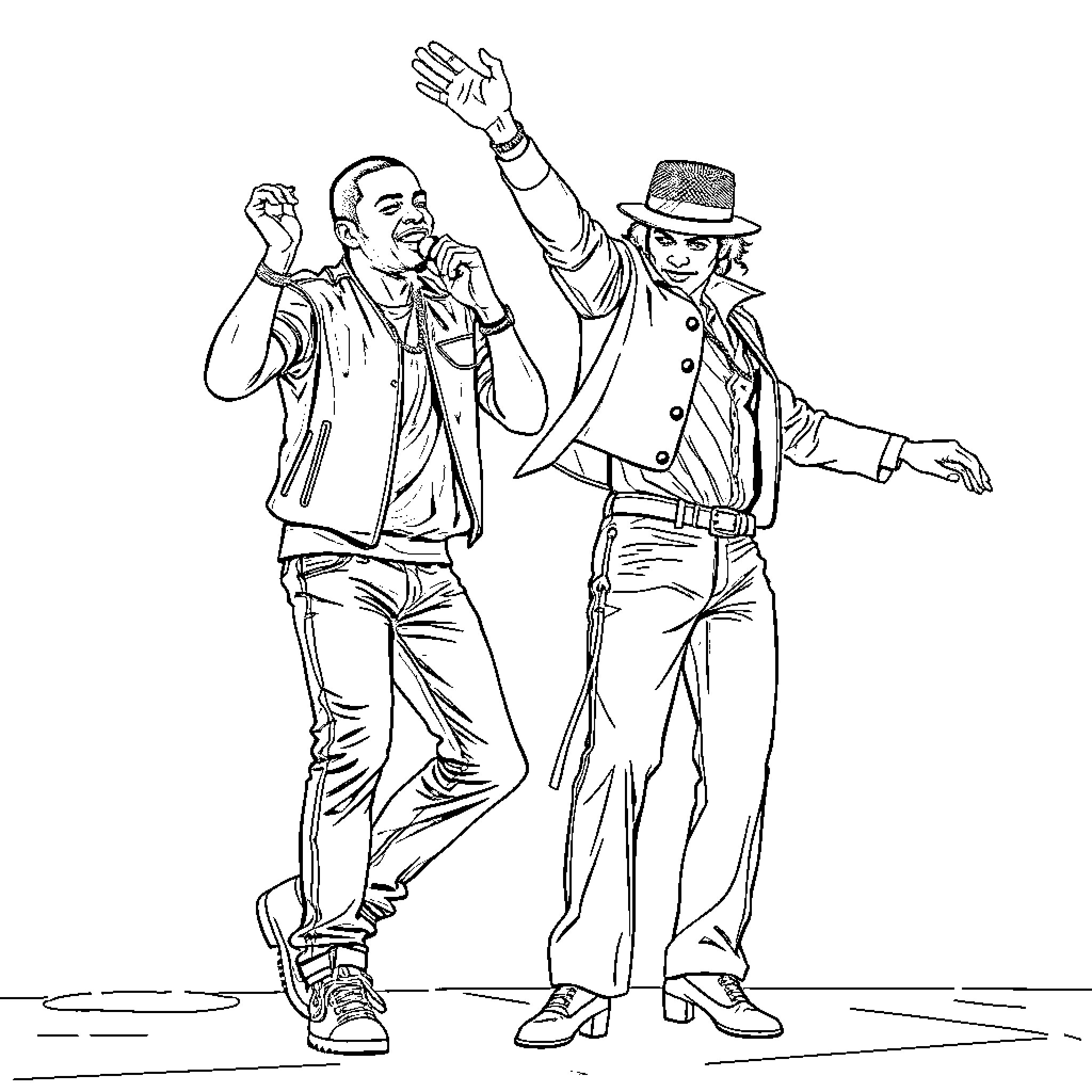 Chris Brown Performing on Stage with Dancer Coloring Page (free black-and-white line drawing printable PDF for all, from beginners to advanced learners, including children, teens, adults, and seniors)