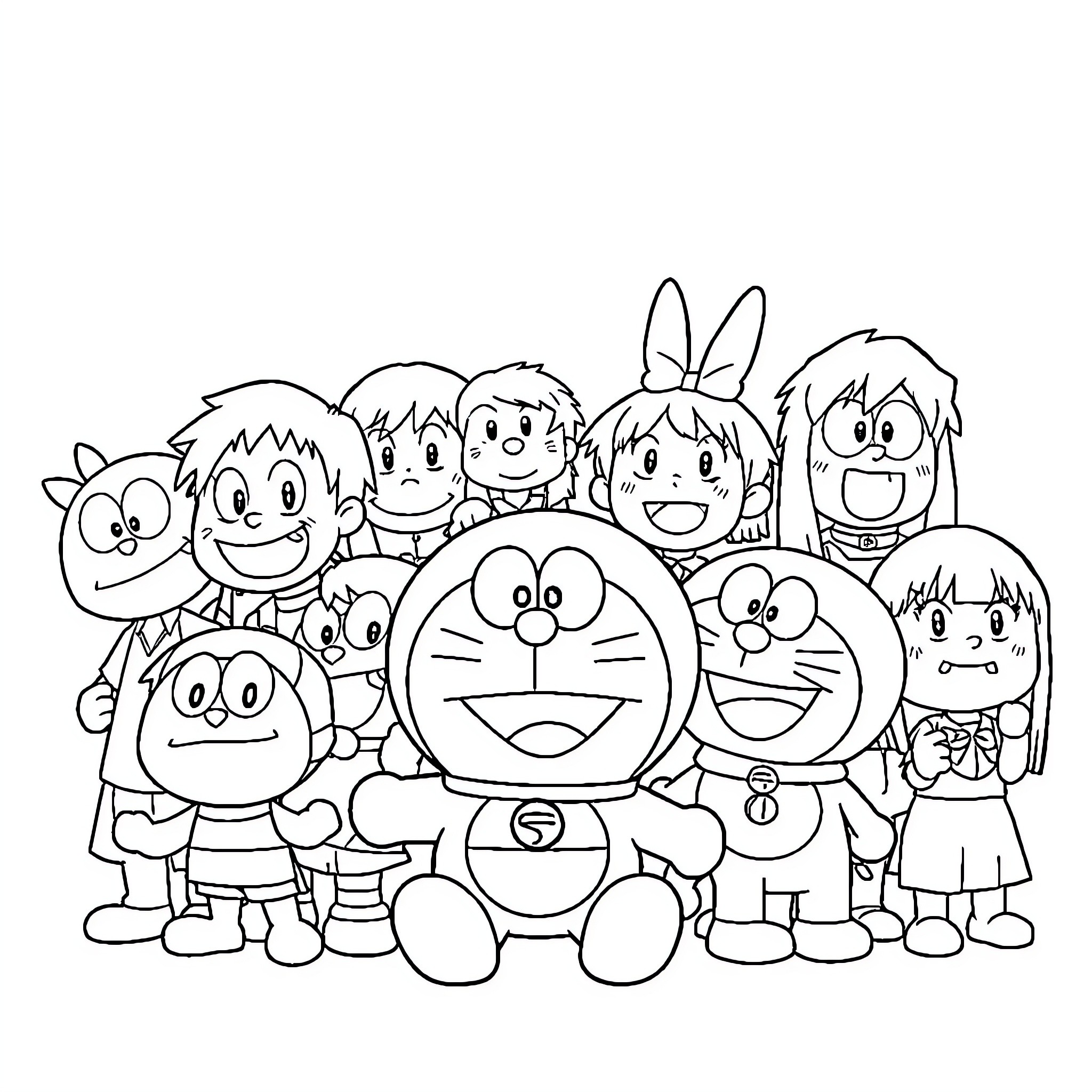 Doremon and friends gather for a group picture Coloring Page (free black-and-white line drawing printable PDF for all, from beginners to advanced learners, including children, teens, adults, and seniors)