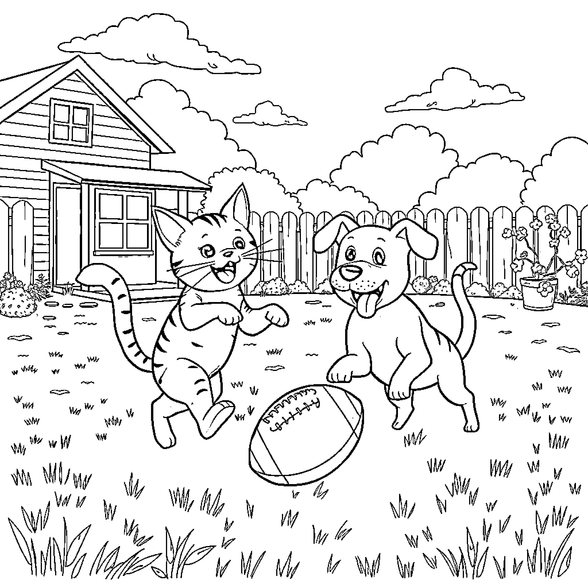 Cats playing joyfully in the yard Coloring Page (free black-and-white line drawing printable PDF for all, from beginners to advanced learners, including children, teens, adults, and seniors)
