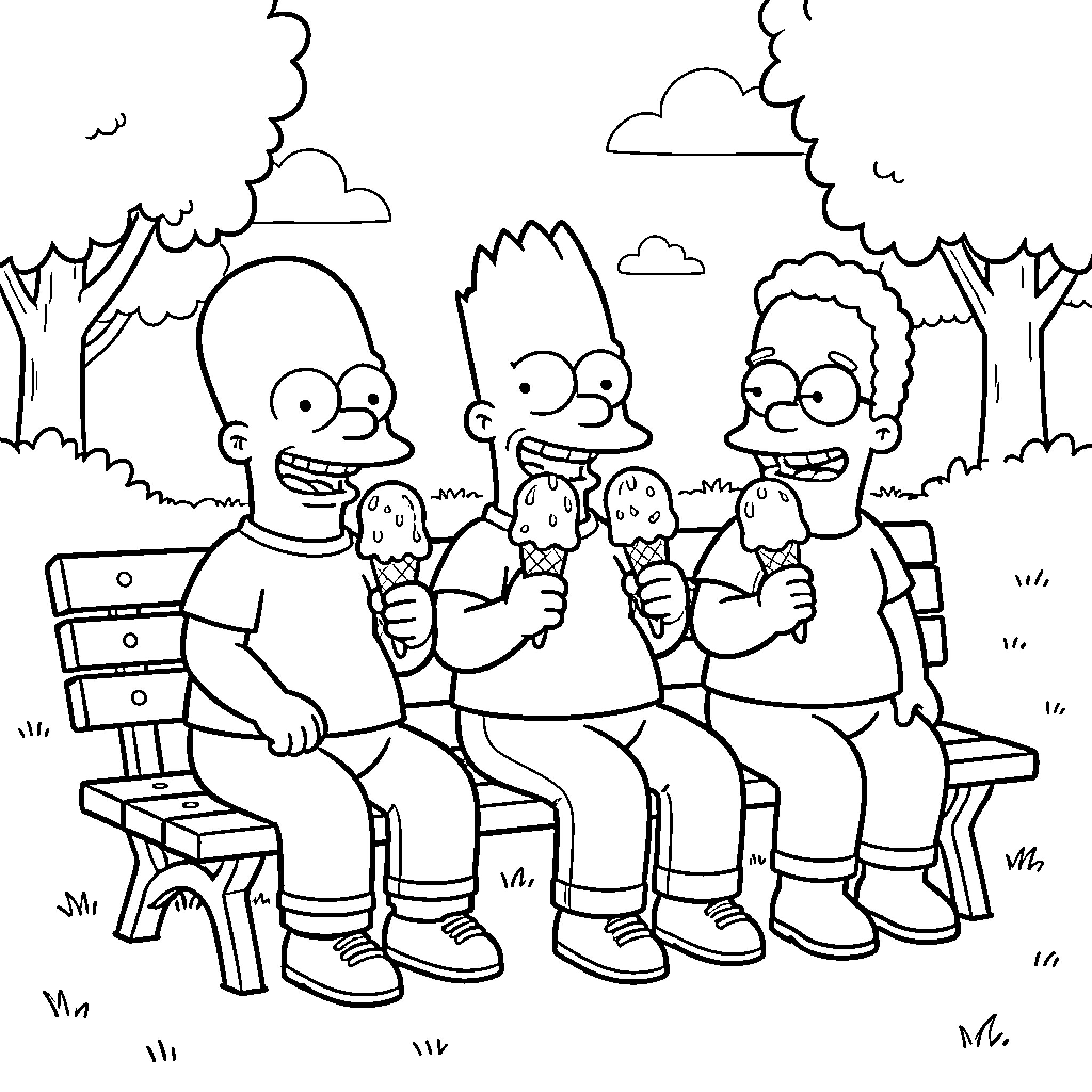 Simpson characters sitting on a bench eating ice cream Coloring Page (free black-and-white line drawing printable PDF for all, from beginners to advanced learners, including children, teens, adults, and seniors)