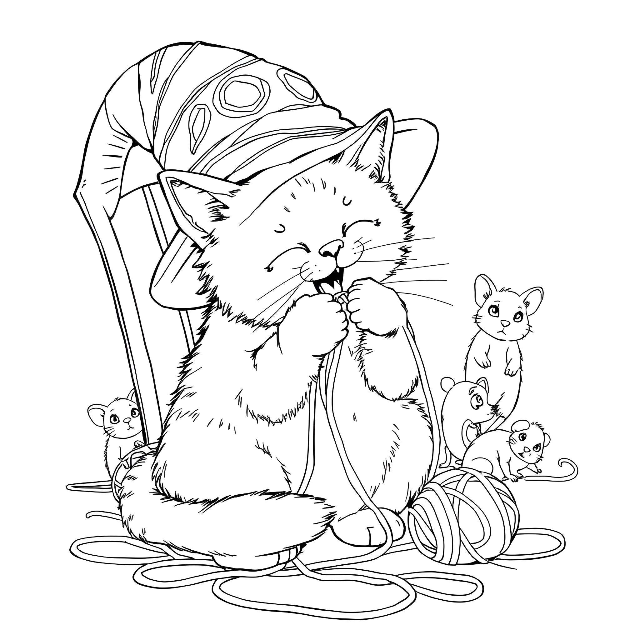 Cat wearing a mushroom cap with playful mice Coloring Page (free black-and-white line drawing printable PDF for all, from beginners to advanced learners, including children, teens, adults, and seniors)