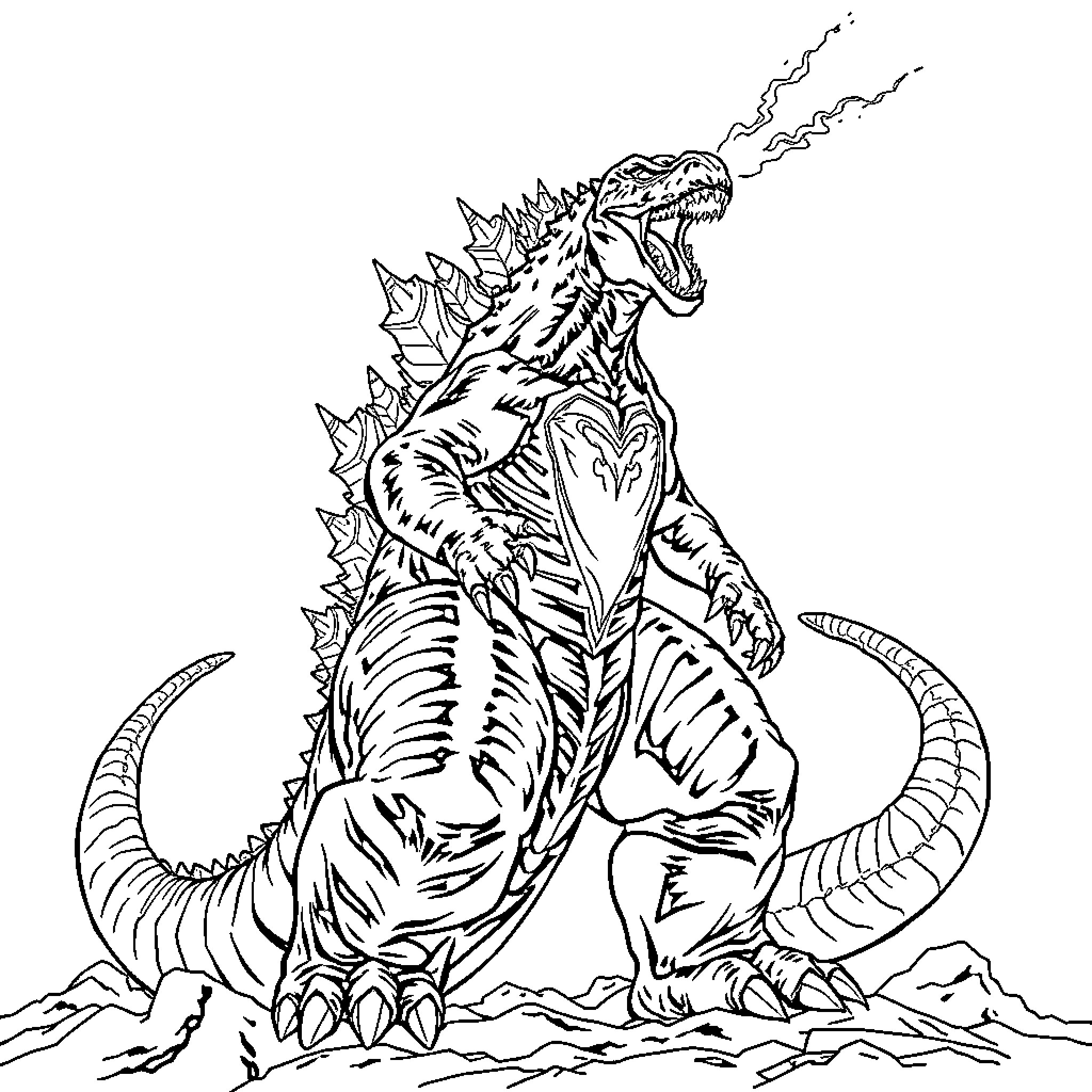 Godzilla Roaring Fiercely Amidst the Ruins Coloring Page (free black-and-white line drawing printable PDF for all, from beginners to advanced learners, including children, teens, adults, and seniors)
