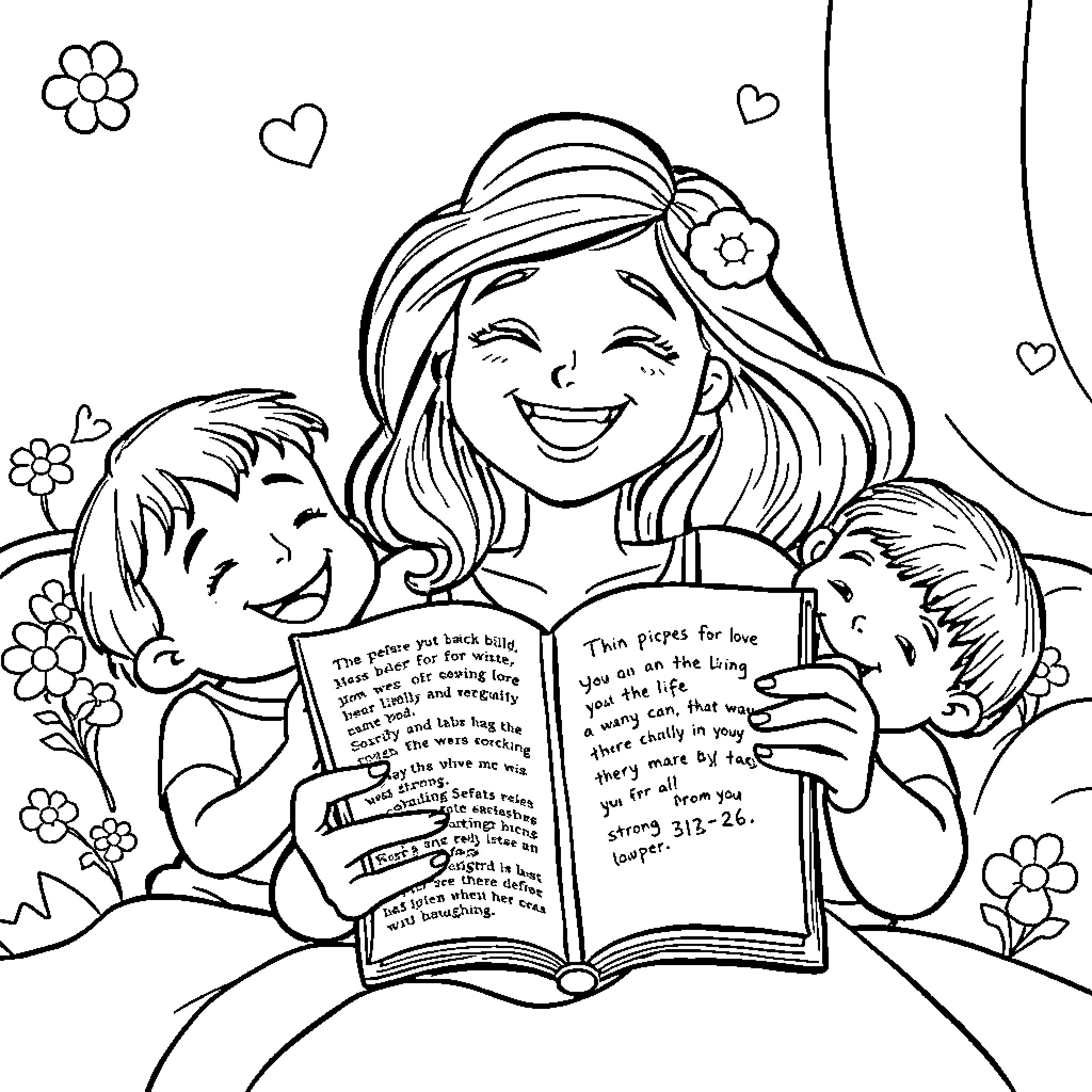 Mom reading Bible with kids in a loving embrace Coloring Page (free black-and-white line drawing printable PDF for all, from beginners to advanced learners, including children, teens, adults, and seniors)