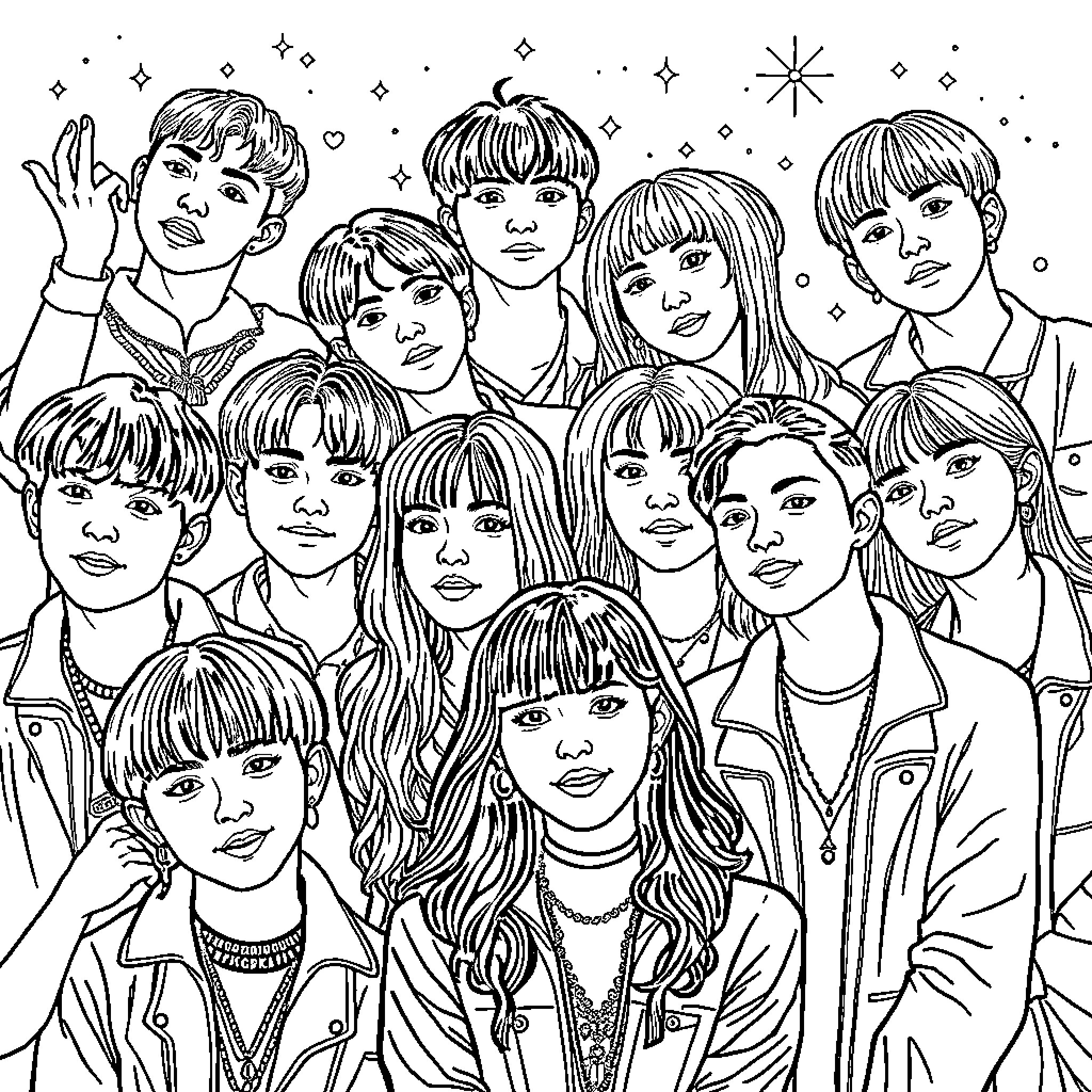 Kpop Group Posing Together with Diverse Expressions Coloring Page (free black-and-white line drawing printable PDF for all, from beginners to advanced learners, including children, teens, adults, and seniors)