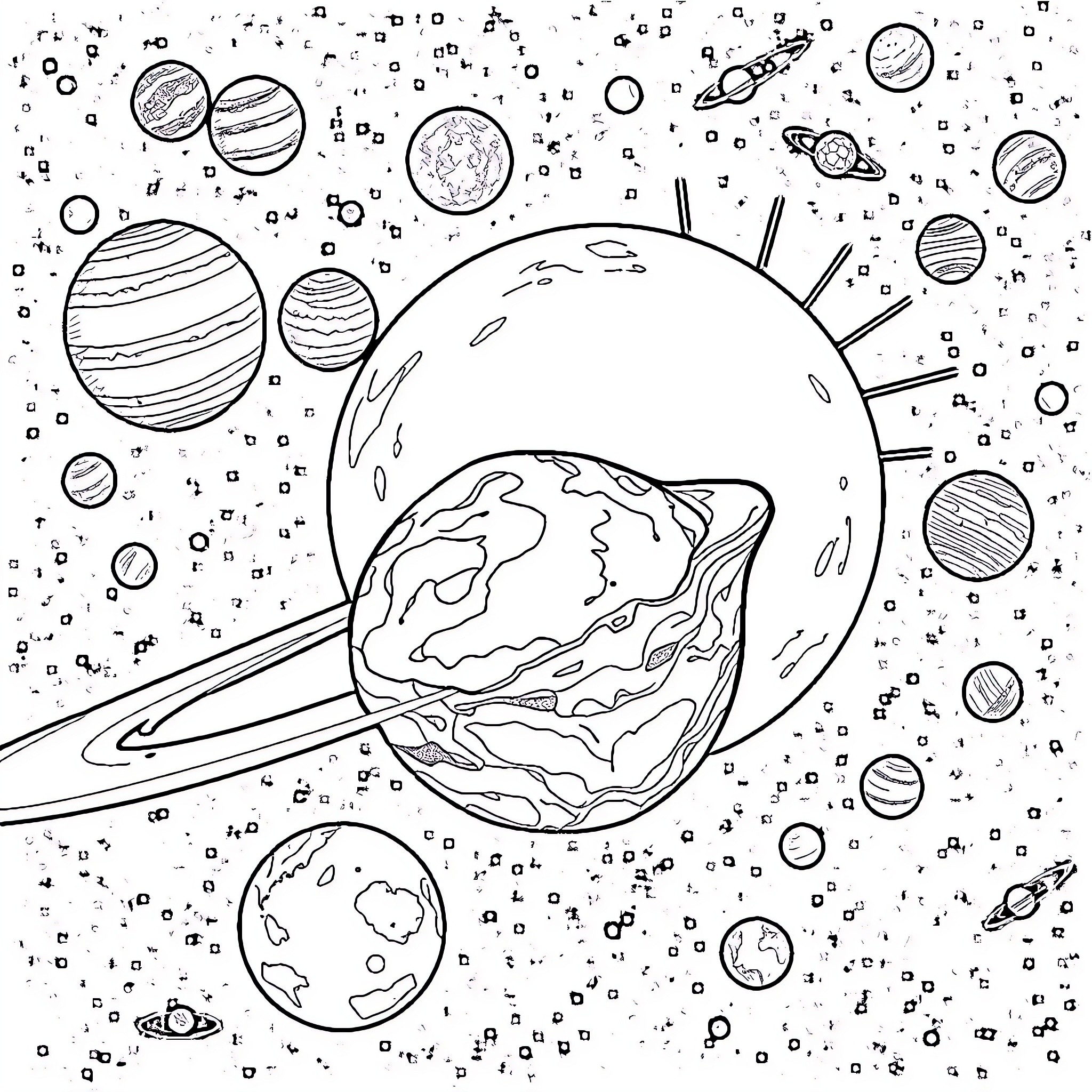 Planet space exploration and discovery Coloring Page (free black-and-white line drawing printable PDF for all, from beginners to advanced learners, including children, teens, adults, and seniors)
