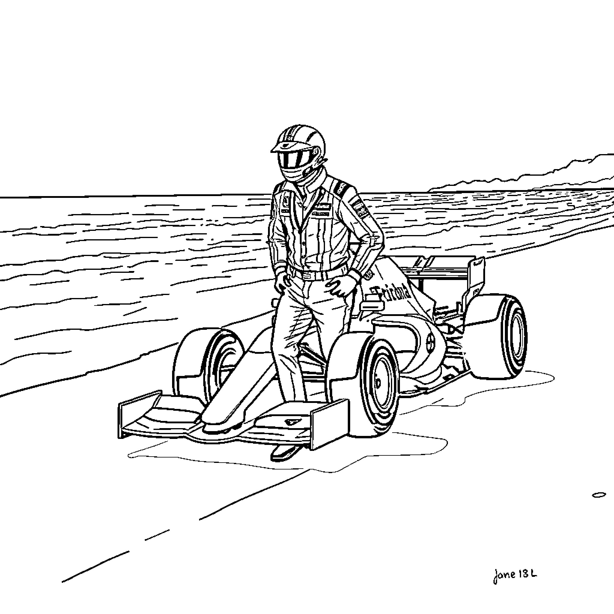 Piloto racing in desert landscape Coloring Page (free black-and-white line drawing printable PDF for all, from beginners to advanced learners, including children, teens, adults, and seniors)