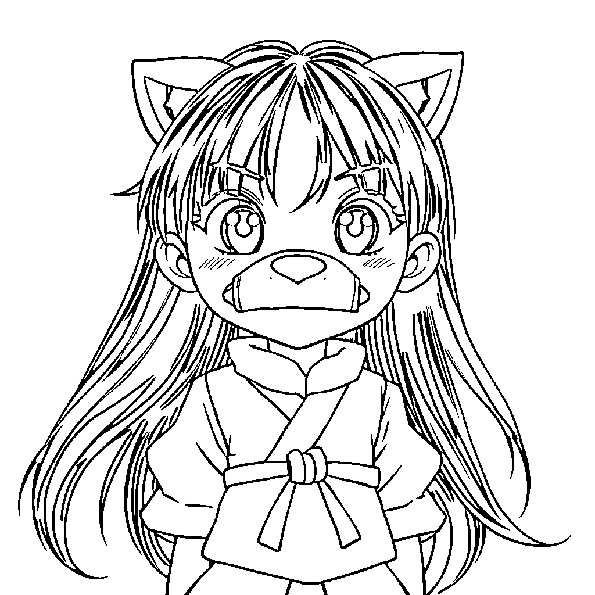 Nezuko in Anime-Style Illustration Coloring Page (free black-and-white line drawing printable PDF for all, from beginners to advanced learners, including children, teens, adults, and seniors)