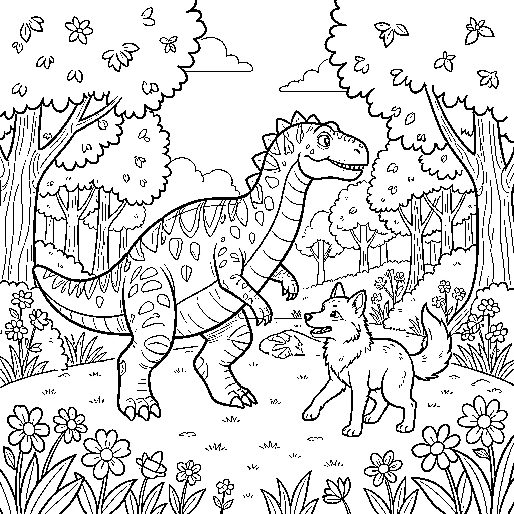Dinosaur and Wolf Exploring the Enchanted Forest Coloring Page (free black-and-white line drawing printable PDF for all, from beginners to advanced learners, including children, teens, adults, and seniors)