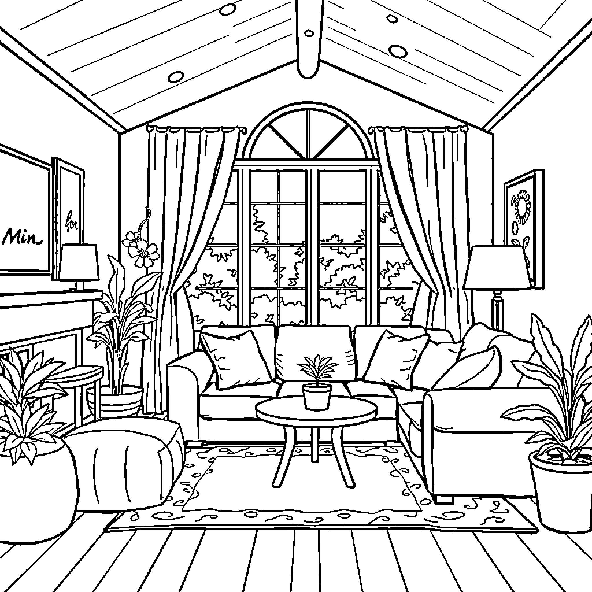 House with cozy interior furnishings Coloring Page (free black-and-white line drawing printable PDF for all, from beginners to advanced learners, including children, teens, adults, and seniors)