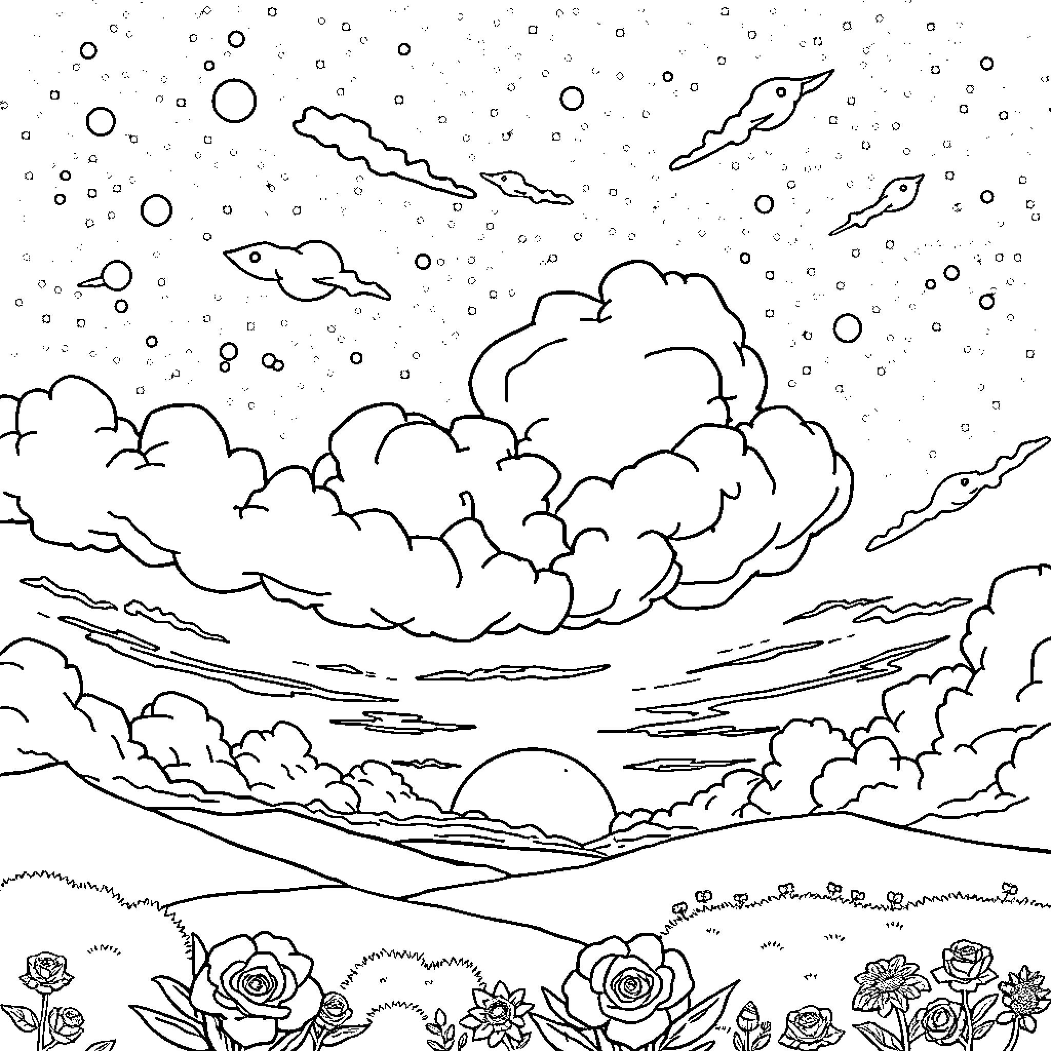 Sunset Landscape with Clouds and Flowers Coloring Page (free black-and-white line drawing printable PDF for all, from beginners to advanced learners, including children, teens, adults, and seniors)