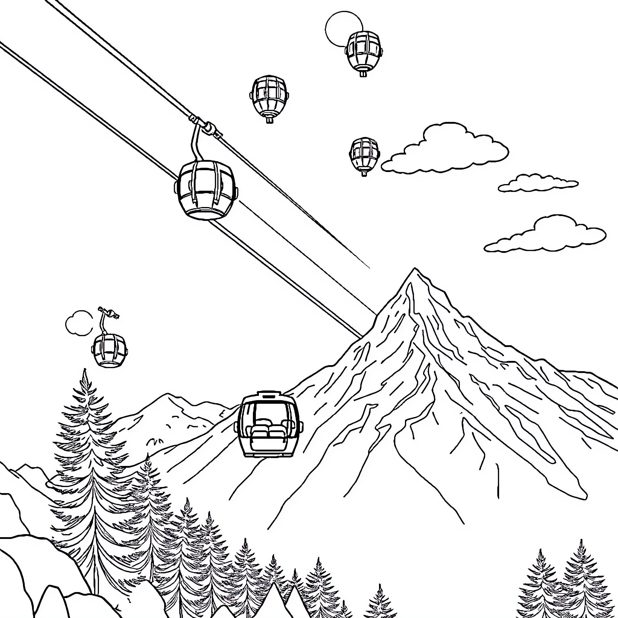 Tramway ascending a snowy mountain with gondolas Coloring Page (free black-and-white line drawing printable PDF for all, from beginners to advanced learners, including children, teens, adults, and seniors)