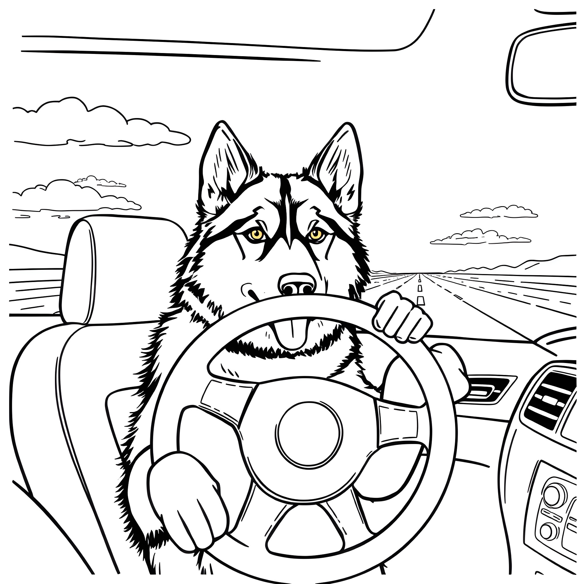 Husky Driving a Car on the Road Coloring Page (free black-and-white line drawing printable PDF for all, from beginners to advanced learners, including children, teens, adults, and seniors)