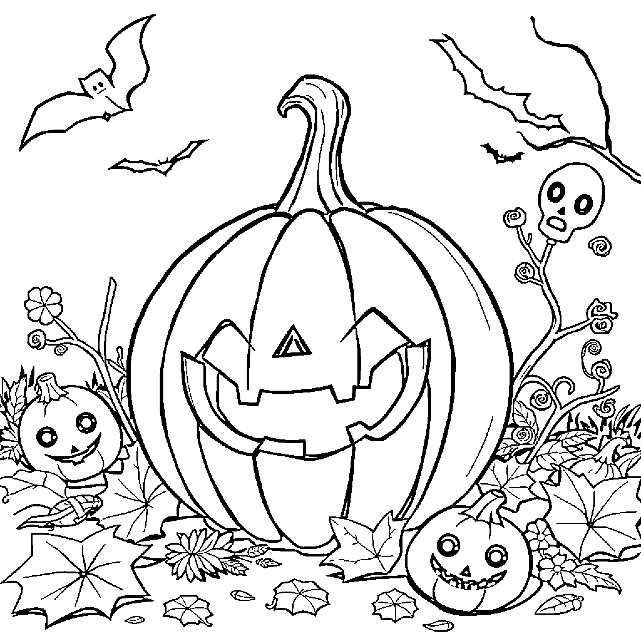 Pumpkin Jack-o'-lantern with bats and ghosts Coloring Page (free black-and-white line drawing printable PDF for all, from beginners to advanced learners, including children, teens, adults, and seniors)