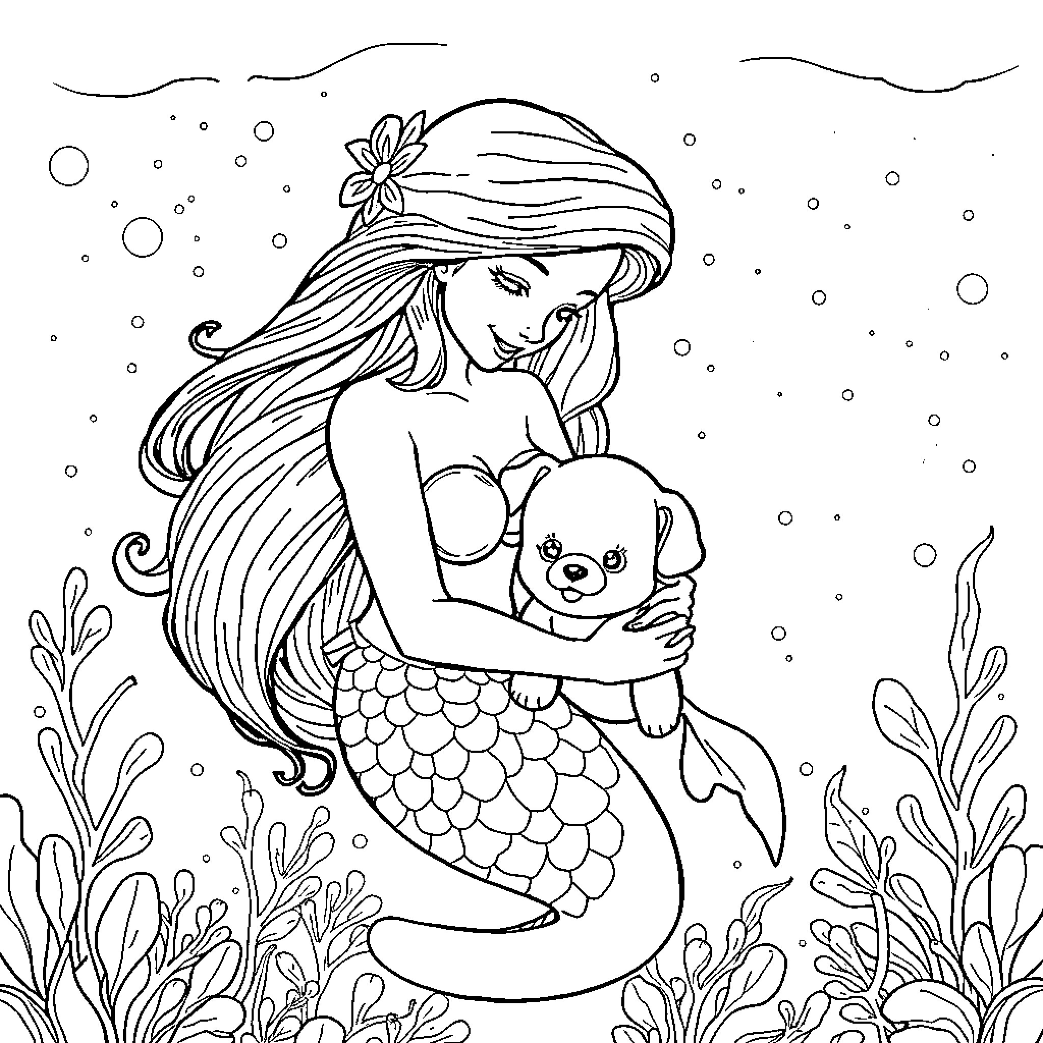 Mermaid embracing a playful sea creature Coloring Page (free black-and-white line drawing printable PDF for all, from beginners to advanced learners, including children, teens, adults, and seniors)
