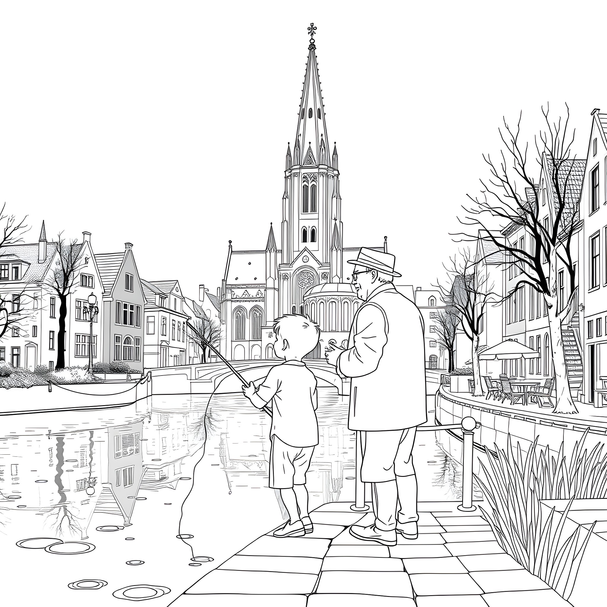 Fishing in a quaint European town Coloring Page (free black-and-white line drawing printable PDF for all, from beginners to advanced learners, including children, teens, adults, and seniors)