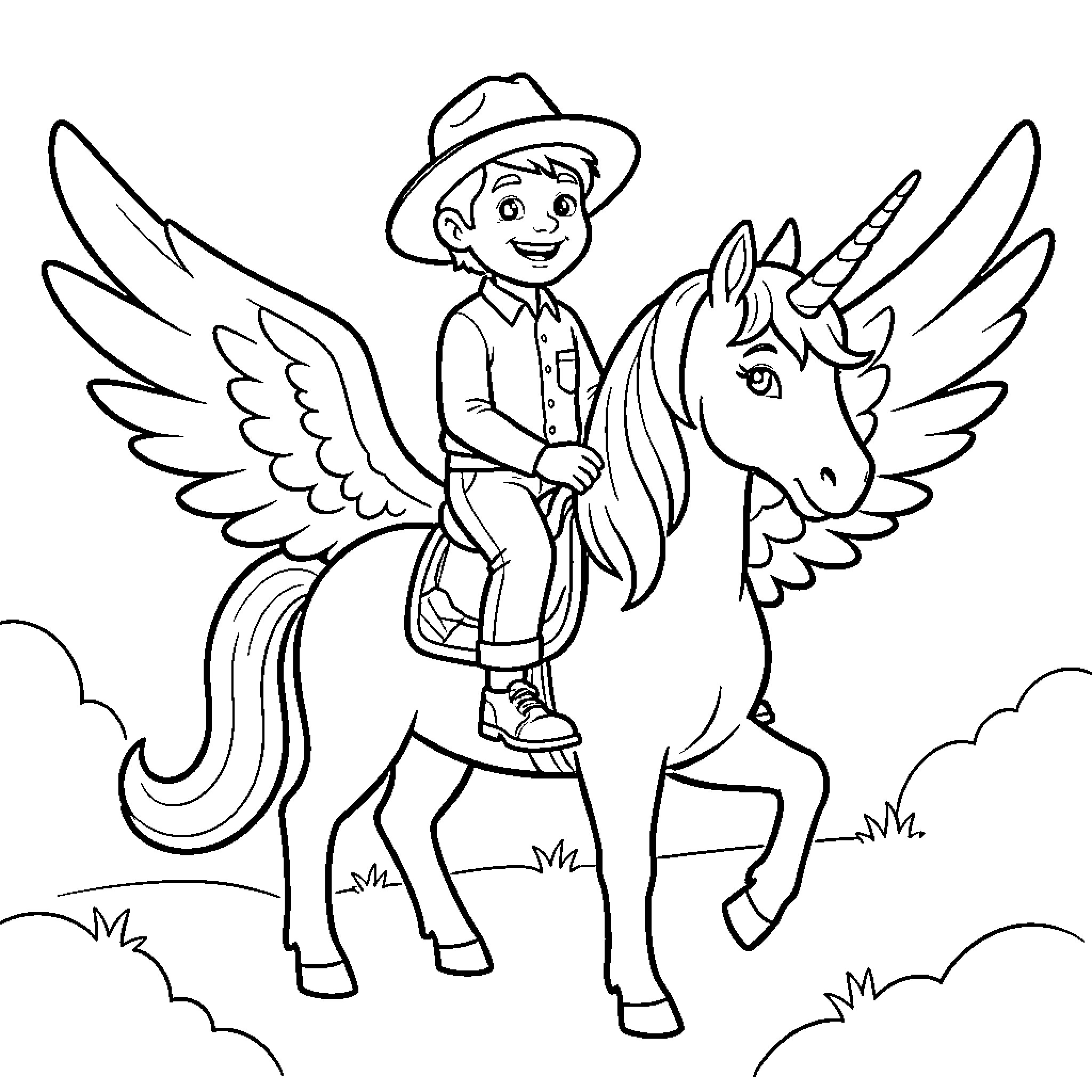 Woody riding a winged unicorn through a field Coloring Page (free black-and-white line drawing printable PDF for all, from beginners to advanced learners, including children, teens, adults, and seniors)