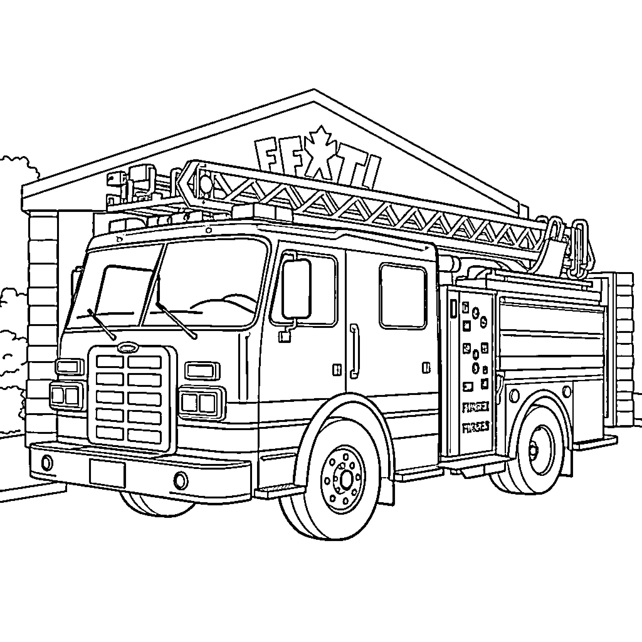 Firetruck with firefighting equipment responding to call Coloring Page (free black-and-white line drawing printable PDF for all, from beginners to advanced learners, including children, teens, adults, and seniors)