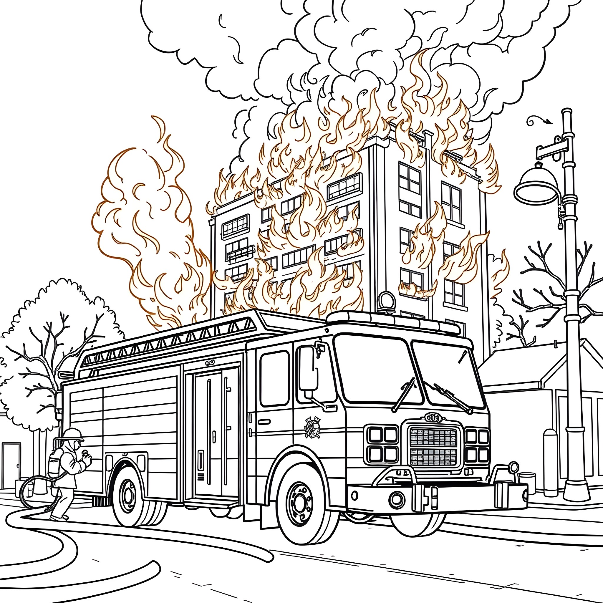 Fire Truck Responding to Burning Building Coloring Page (free black-and-white line drawing printable PDF for all, from beginners to advanced learners, including children, teens, adults, and seniors)