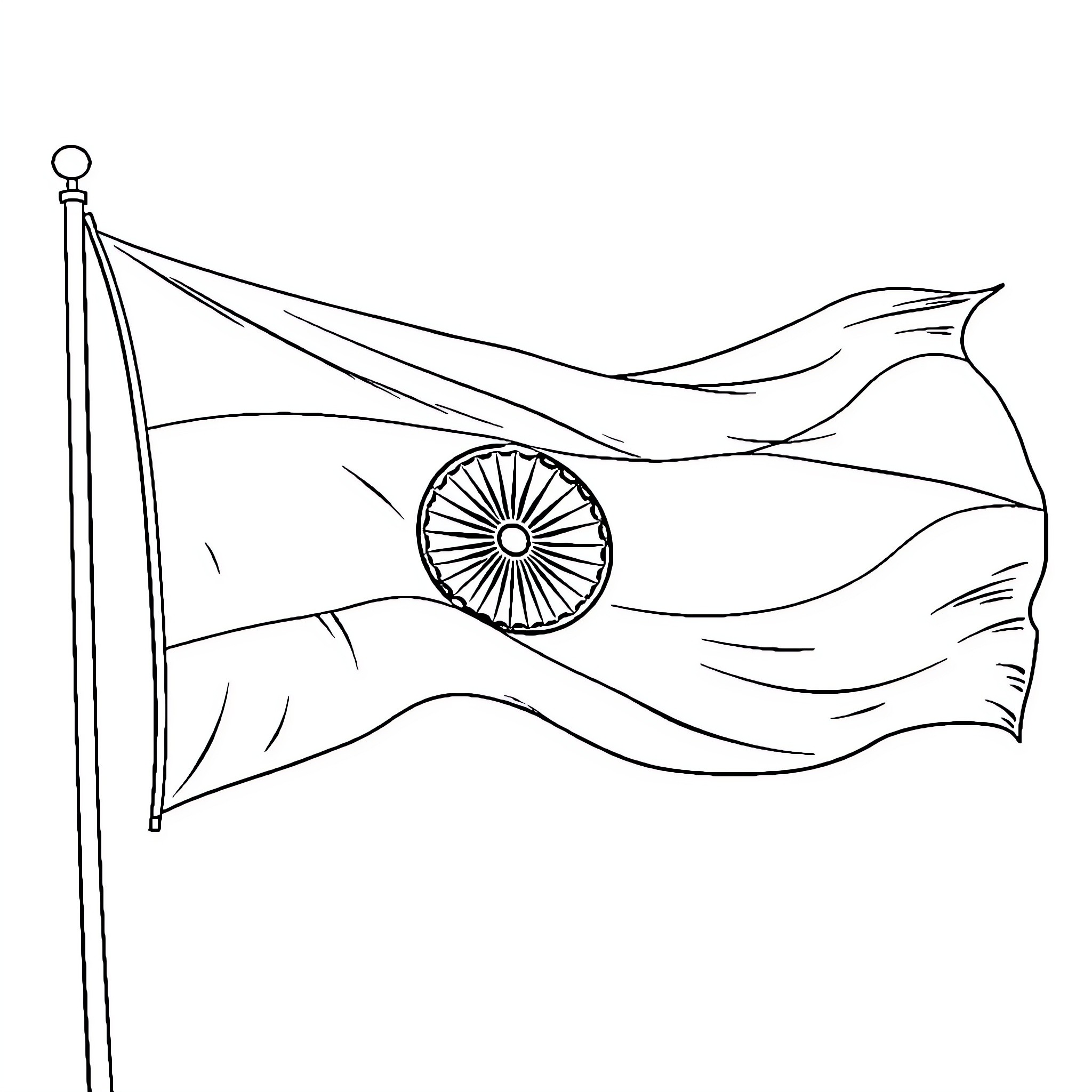 Indian Flag Waving with Motion and Energy Coloring Page (free black-and-white line drawing printable PDF for all, from beginners to advanced learners, including children, teens, adults, and seniors)
