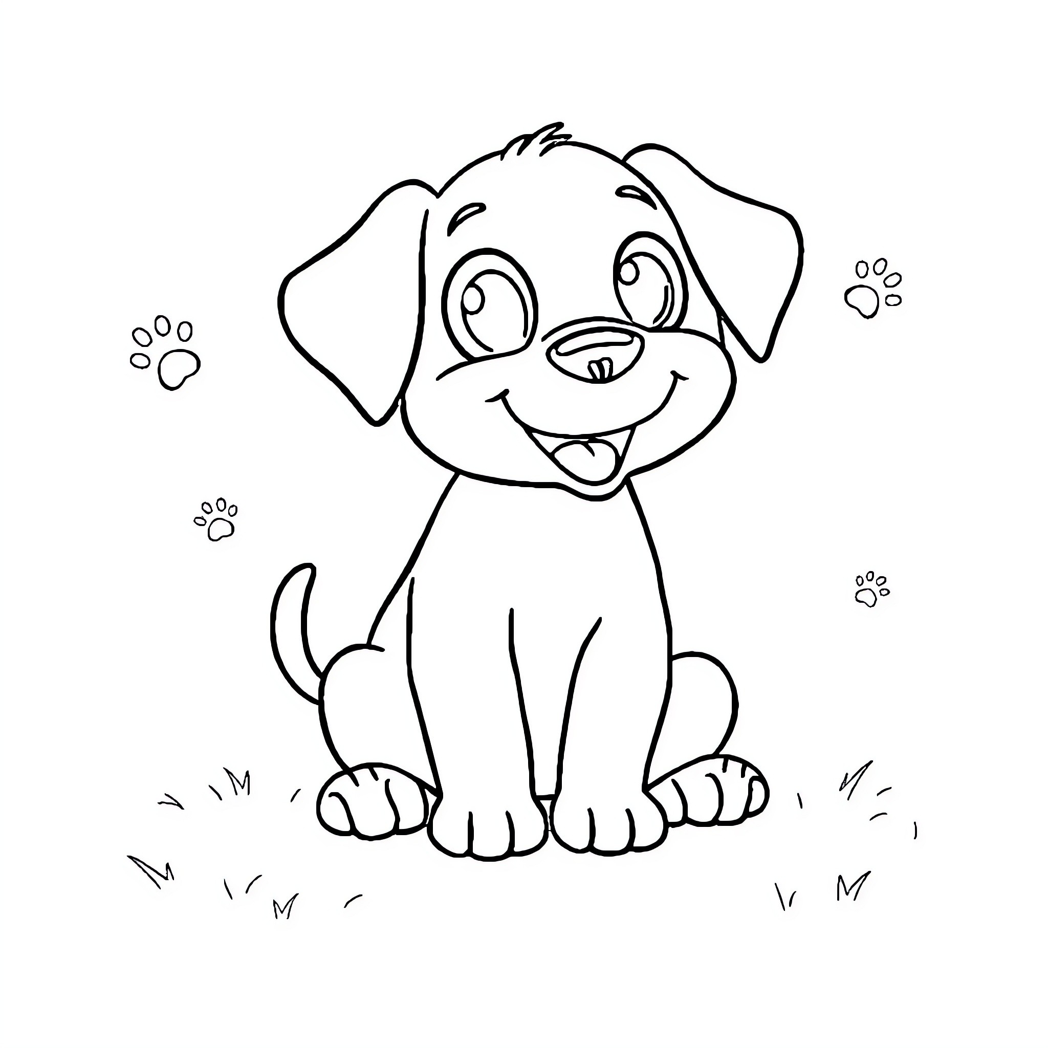 Puppy sitting happily on the ground Coloring Page (free black-and-white line drawing printable PDF for all, from beginners to advanced learners, including children, teens, adults, and seniors)