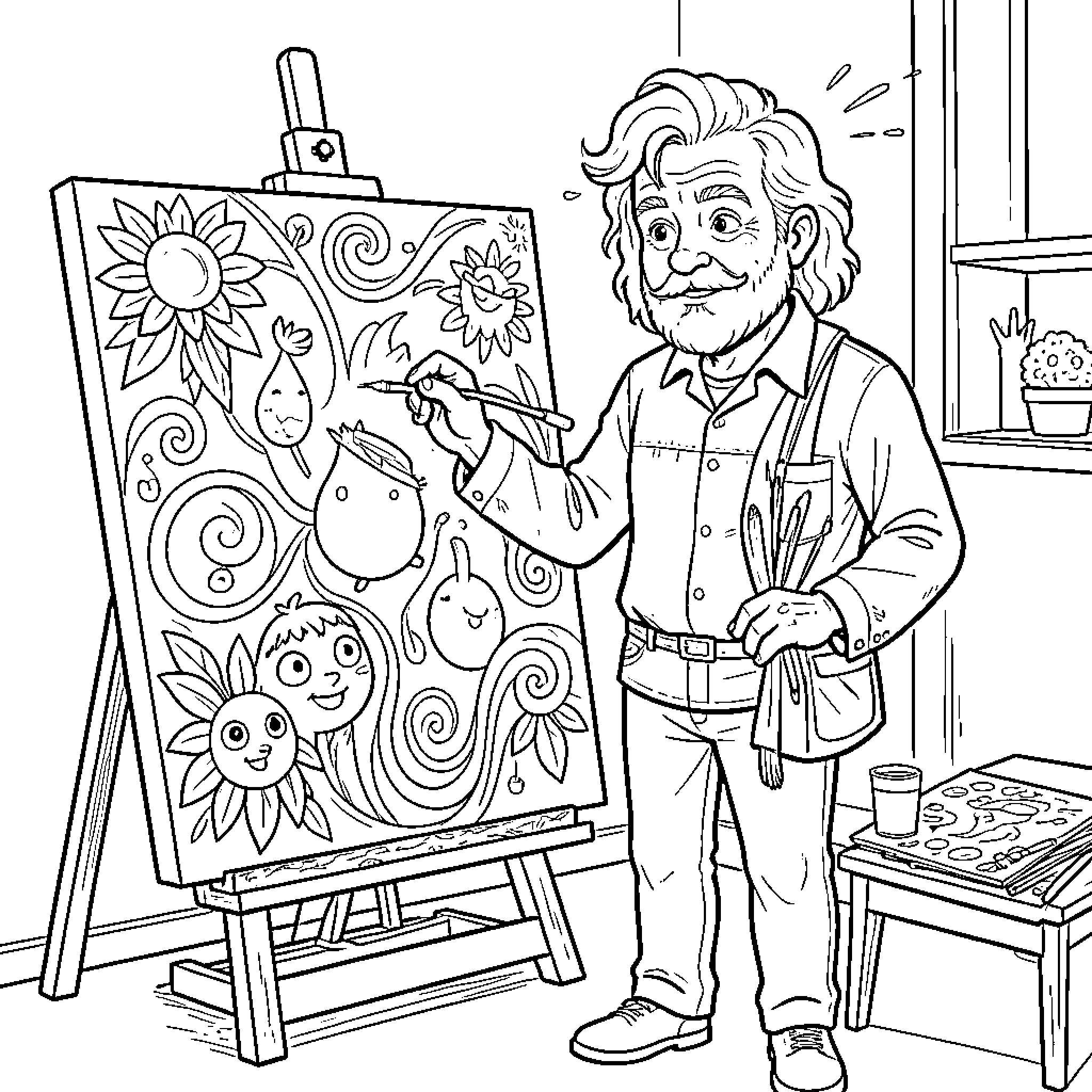 Jules Anglard, the Vibrant Painter at Work Coloring Page (free black-and-white line drawing printable PDF for all, from beginners to advanced learners, including children, teens, adults, and seniors)