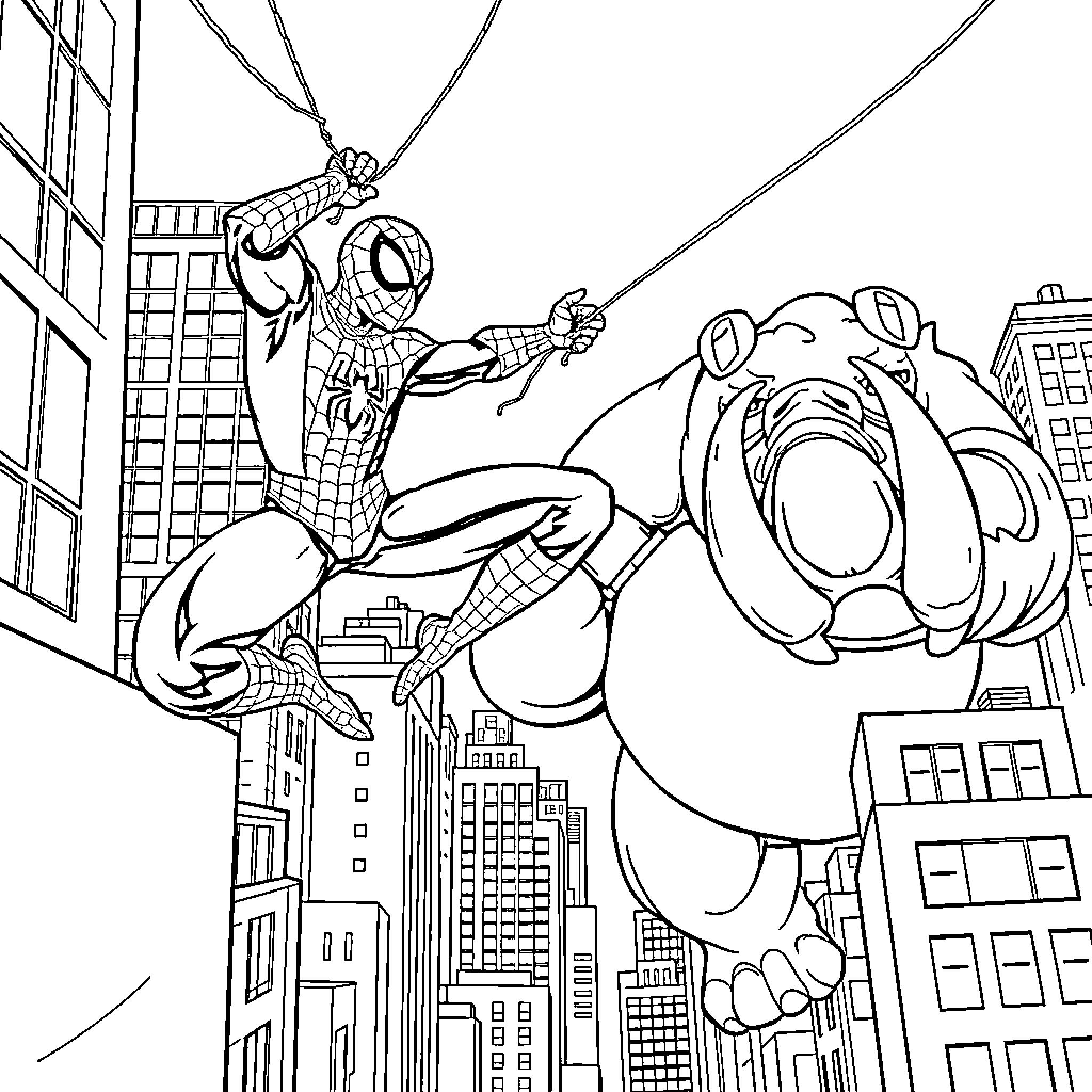 Spider-Man swinging through the city with villains Coloring Page (free black-and-white line drawing printable PDF for all, from beginners to advanced learners, including children, teens, adults, and seniors)