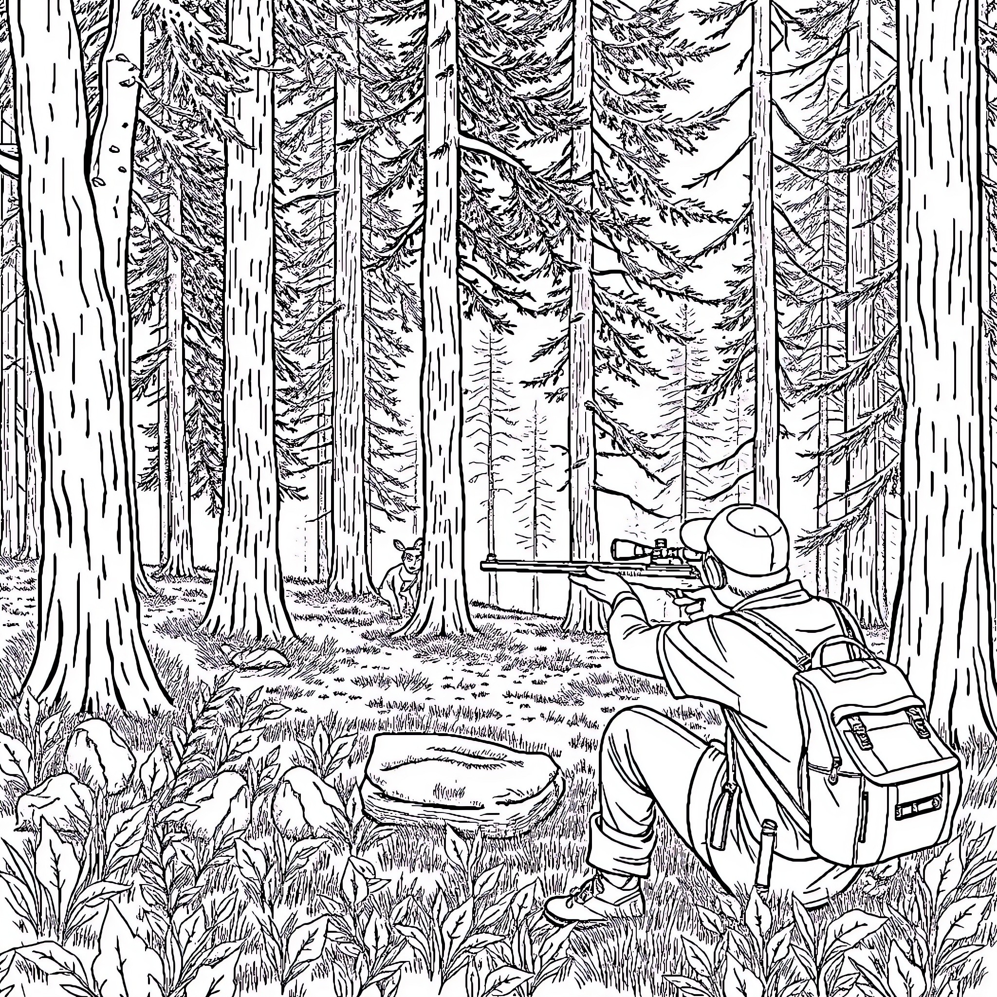 Airgun exploration in the peaceful forest Coloring Page (free black-and-white line drawing printable PDF for all, from beginners to advanced learners, including children, teens, adults, and seniors)