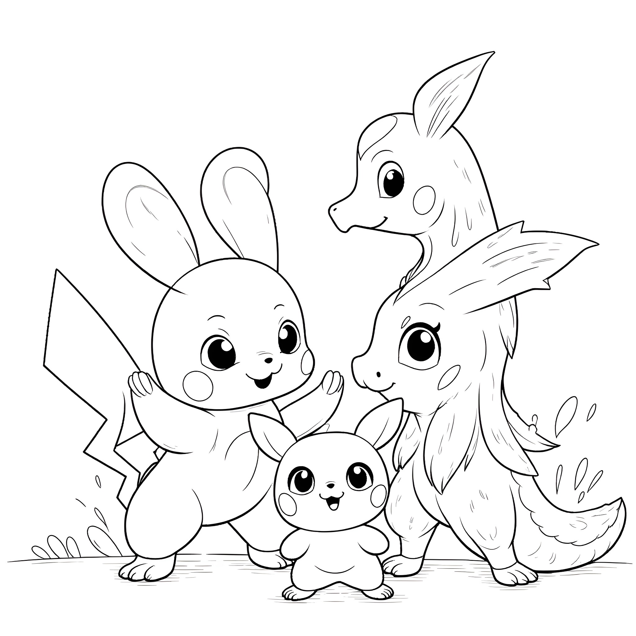 Pokémon characters playing together happily Coloring Page (free black-and-white line drawing printable PDF for all, from beginners to advanced learners, including children, teens, adults, and seniors)
