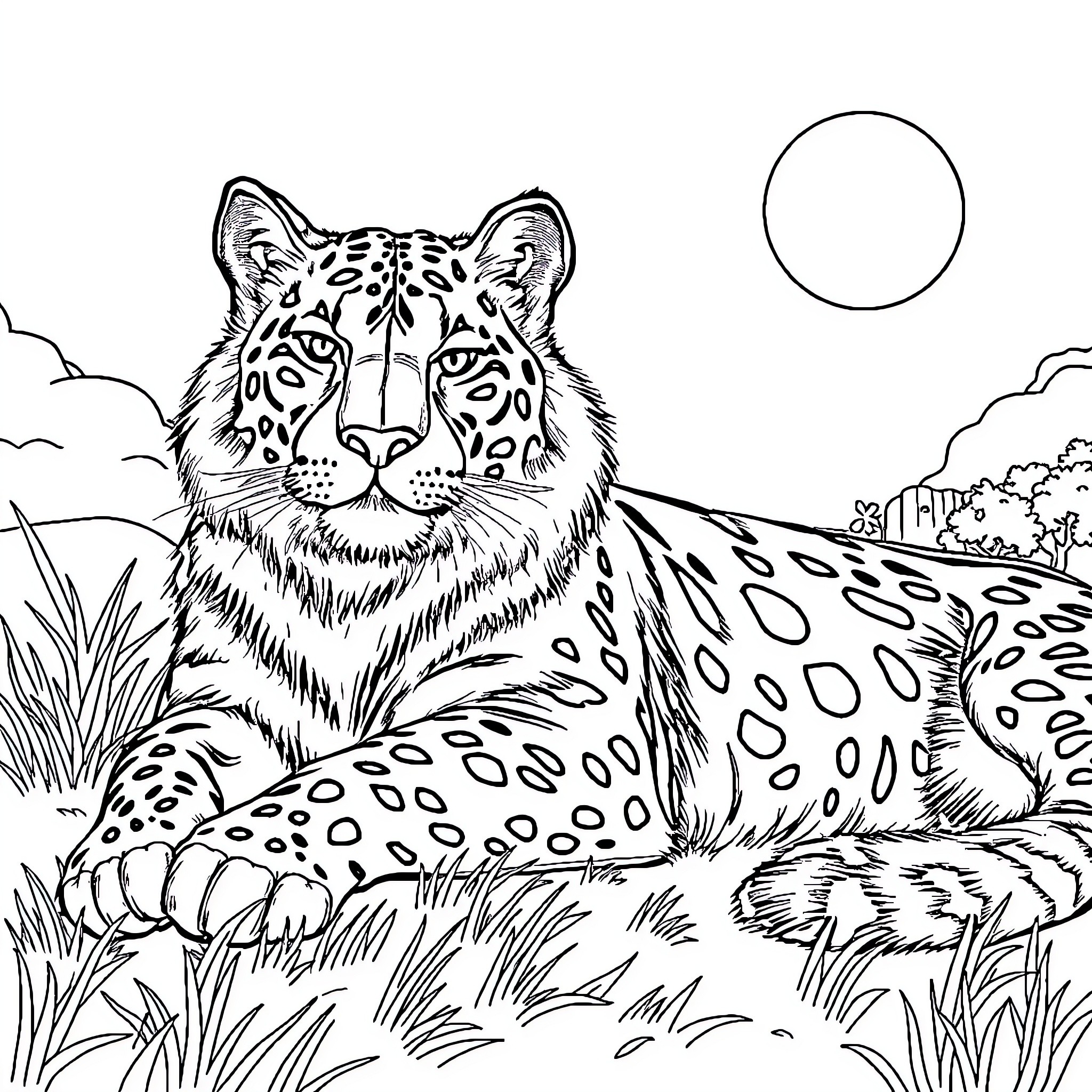 Cat in Serene Wilderness Landscape Coloring Page (free black-and-white line drawing printable PDF for all, from beginners to advanced learners, including children, teens, adults, and seniors)