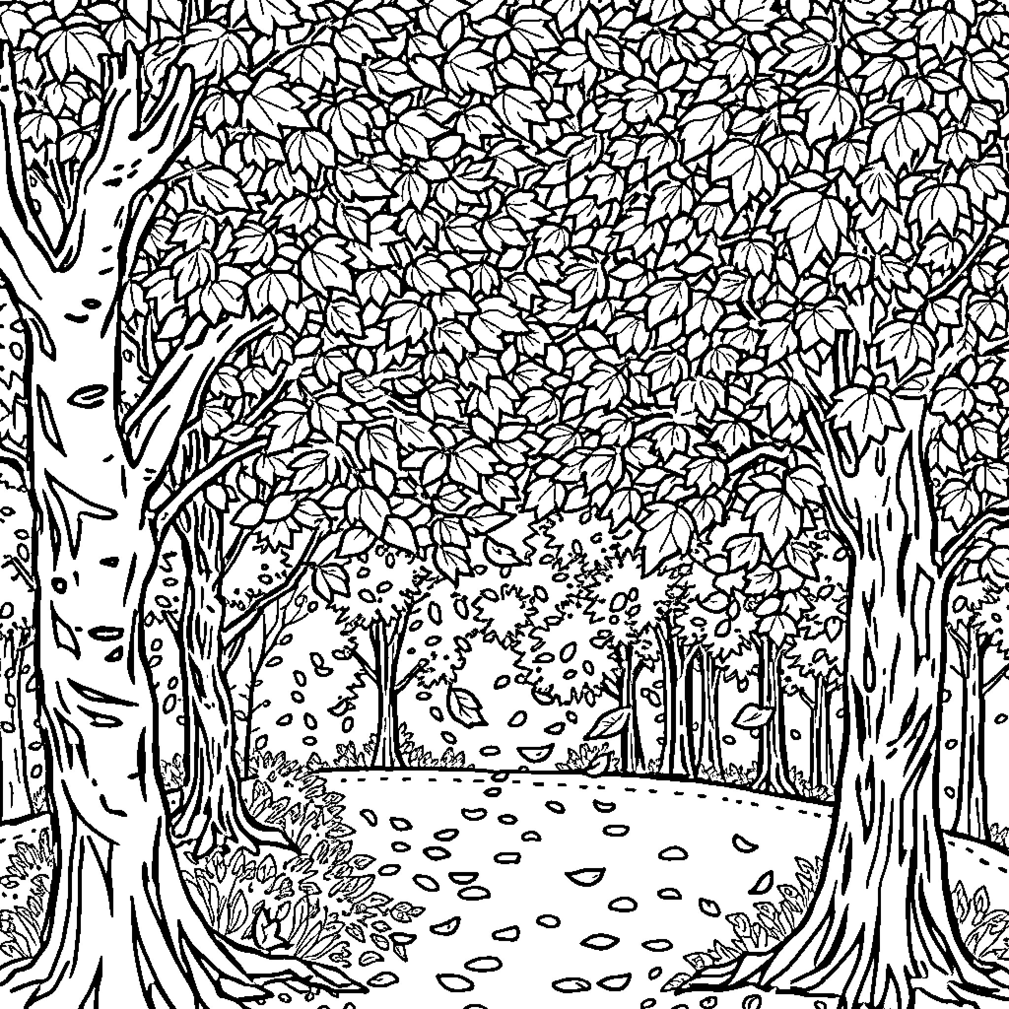 Leaf-covered path through enchanting forest Coloring Page (free black-and-white line drawing printable PDF for all, from beginners to advanced learners, including children, teens, adults, and seniors)