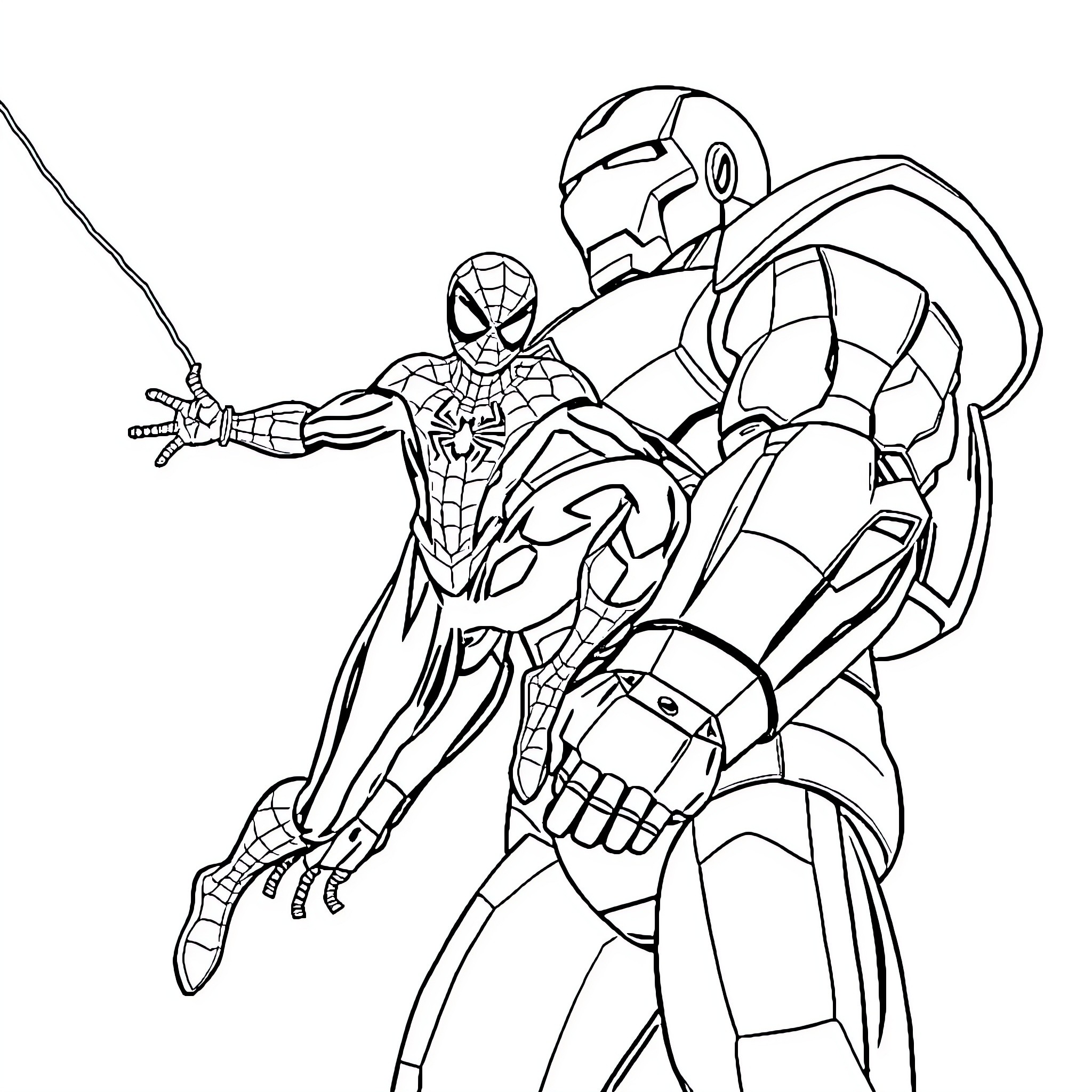 Spider-Man teams up with Iron Man in action-packed pose Coloring Page (free black-and-white line drawing printable PDF for all, from beginners to advanced learners, including children, teens, adults, and seniors)