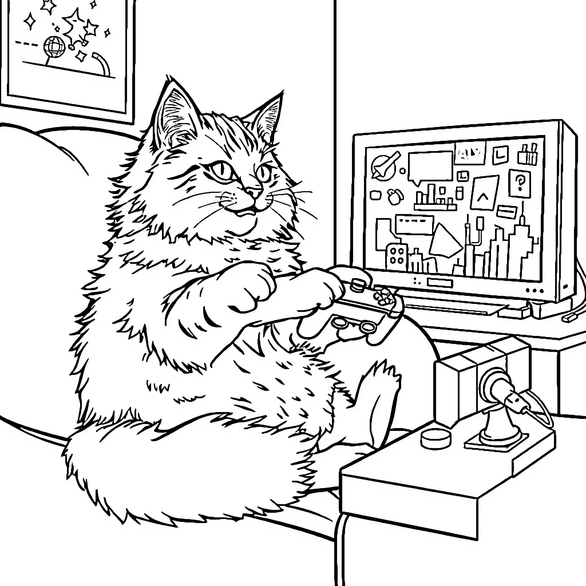 Maine Coon cat playing video games at home Coloring Page (free black-and-white line drawing printable PDF for all, from beginners to advanced learners, including children, teens, adults, and seniors)