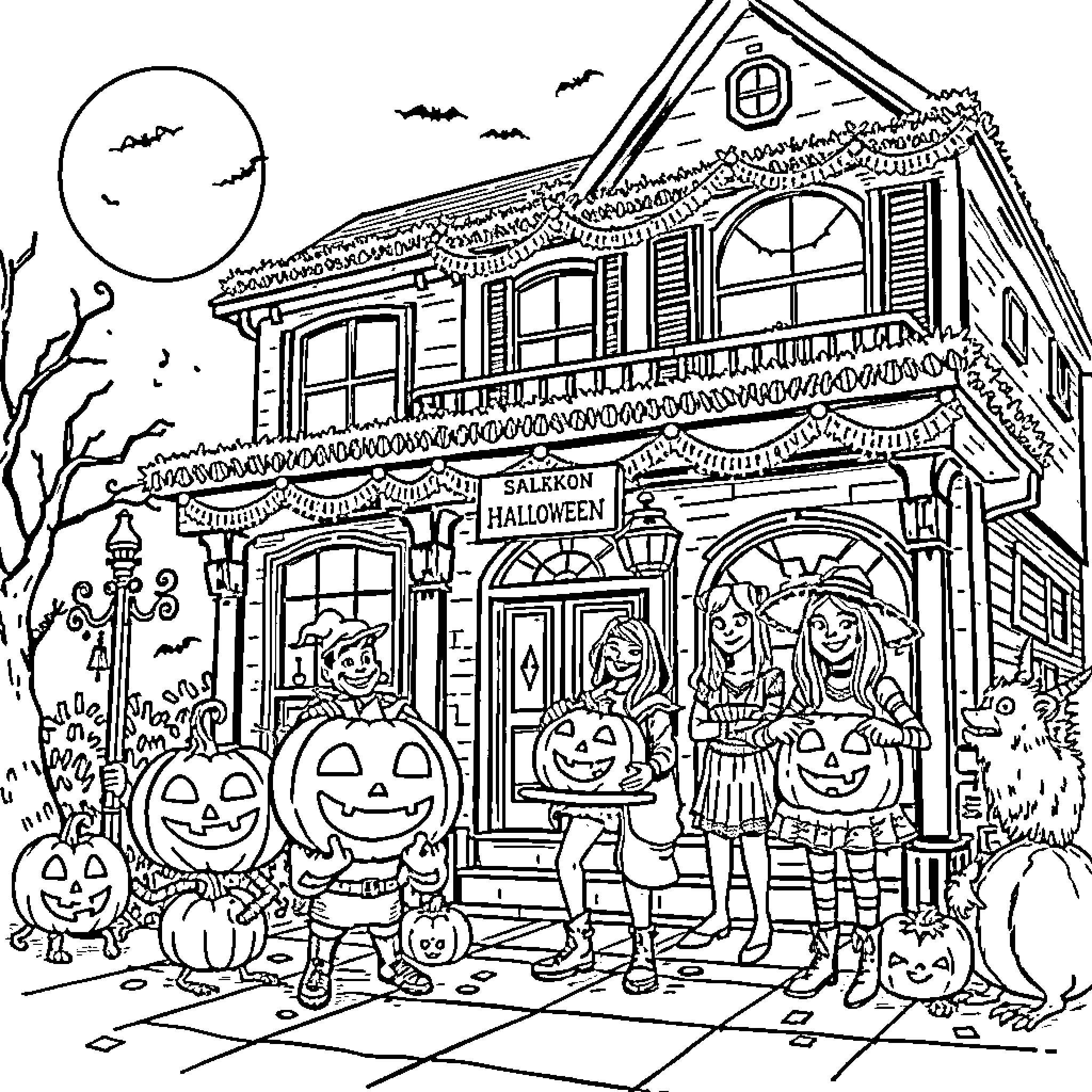 Halloween Celebration in a Decorated House Coloring Page (free black-and-white line drawing printable PDF for all, from beginners to advanced learners, including children, teens, adults, and seniors)