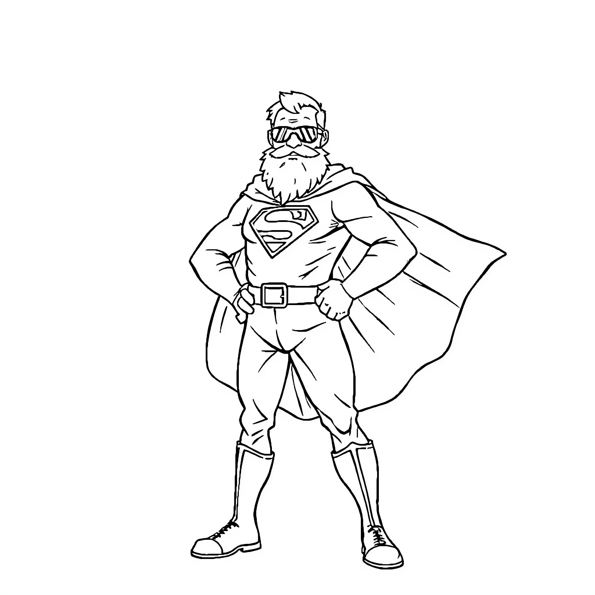 Grandad as a superhero in action pose Coloring Page (free black-and-white line drawing printable PDF for all, from beginners to advanced learners, including children, teens, adults, and seniors)