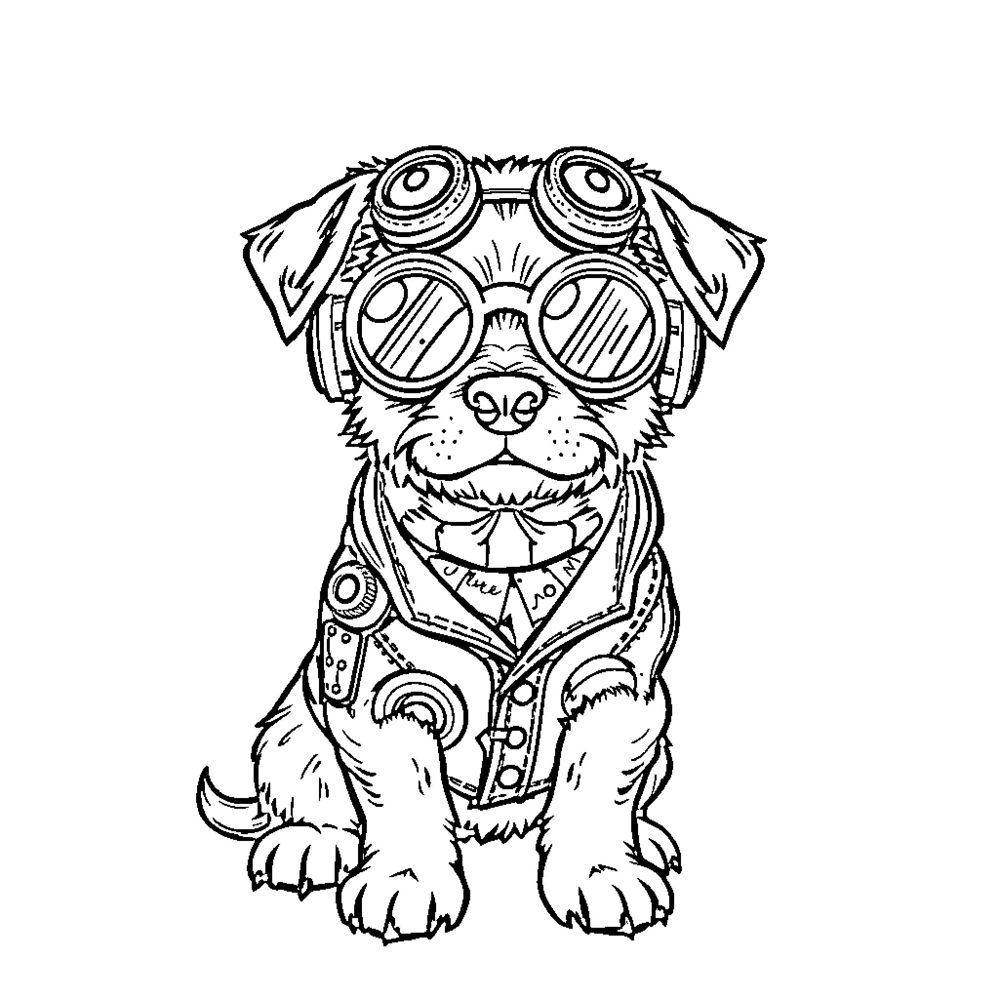 Dog wearing stylish goggles and smiling Coloring Page (free black-and-white line drawing printable PDF for all, from beginners to advanced learners, including children, teens, adults, and seniors)