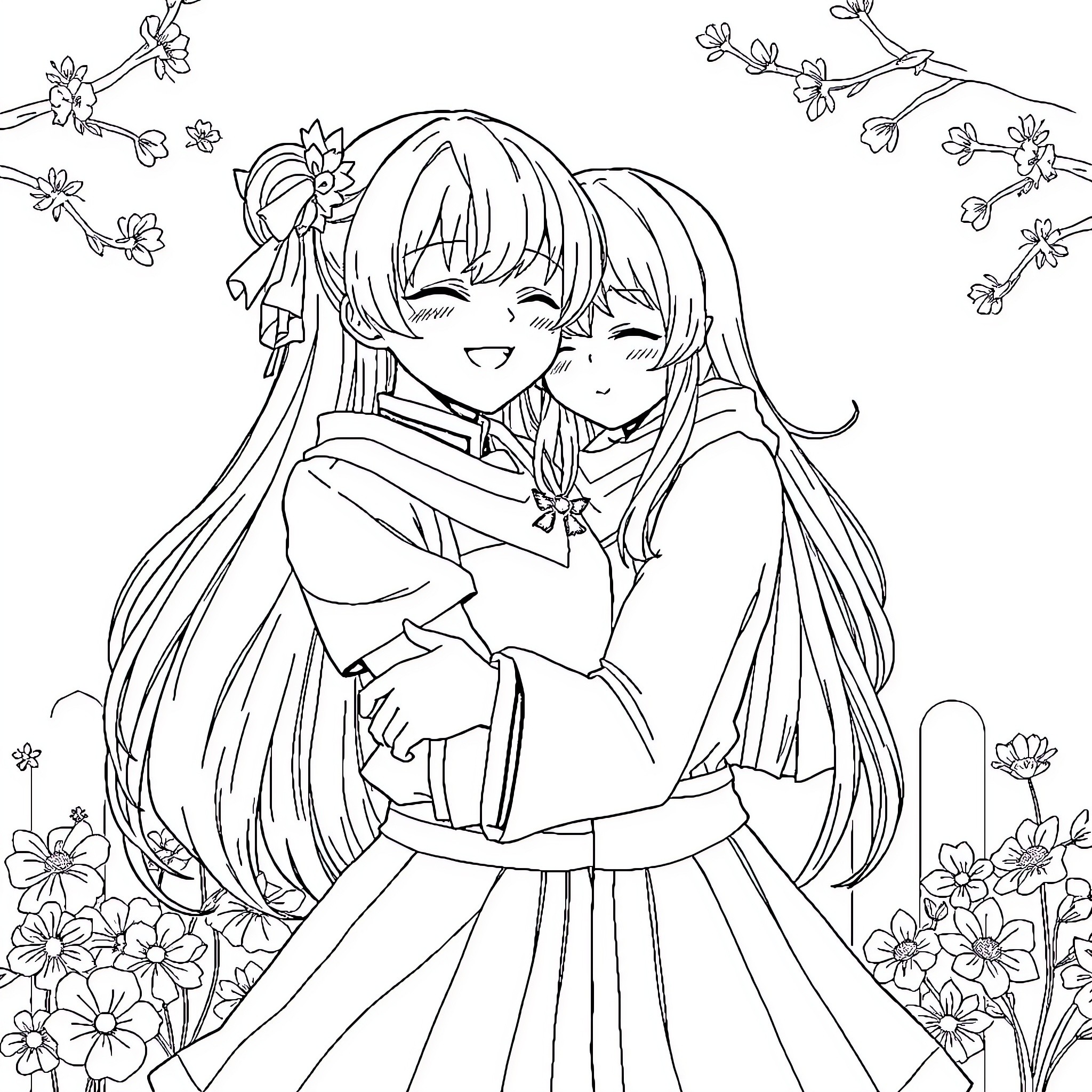 Kasumi's Affectionate Embrace in a Floral Haven Coloring Page (free black-and-white line drawing printable PDF for all, from beginners to advanced learners, including children, teens, adults, and seniors)