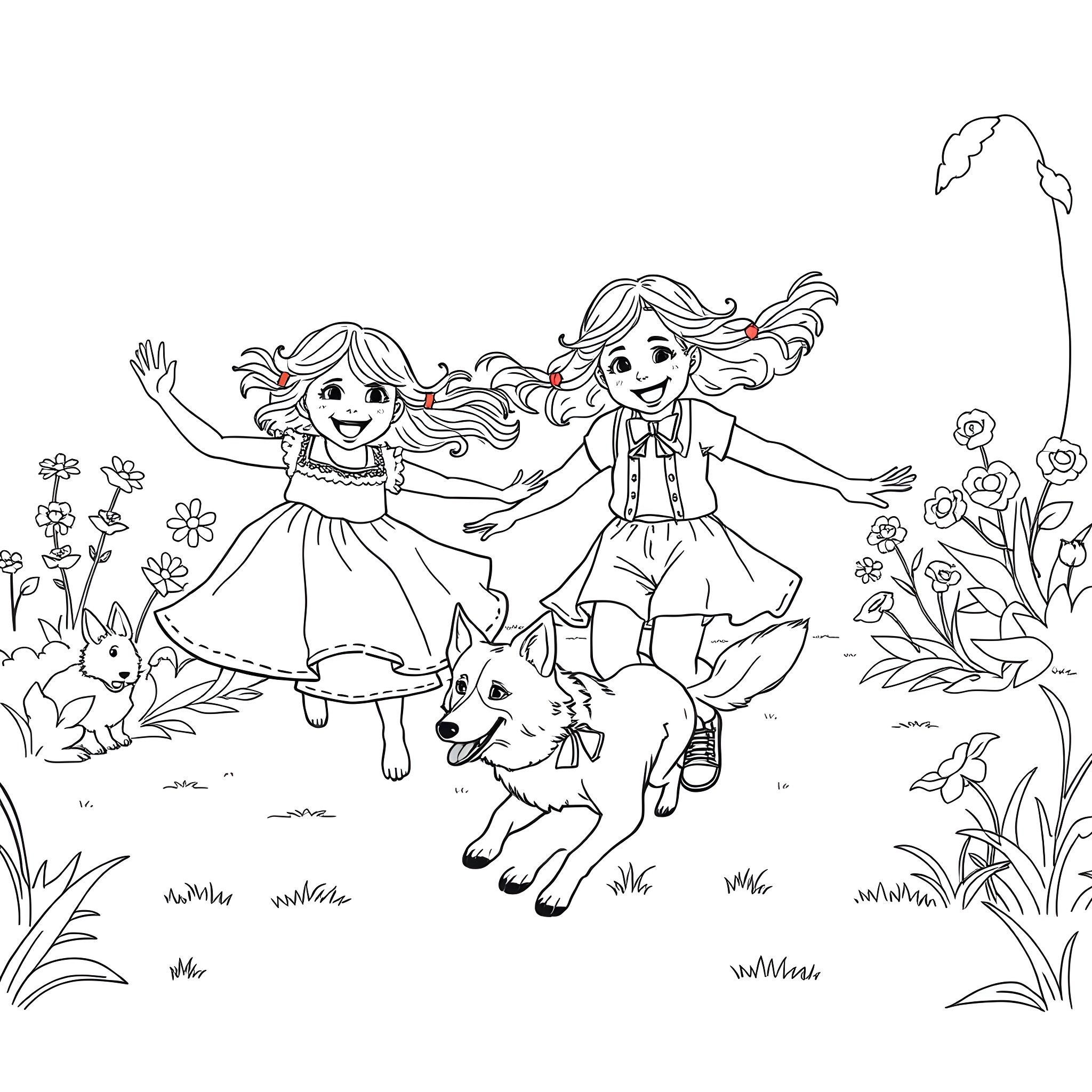 Child playing happily with their friend and dog in nature Coloring Page (free black-and-white line drawing printable PDF for all, from beginners to advanced learners, including children, teens, adults, and seniors)