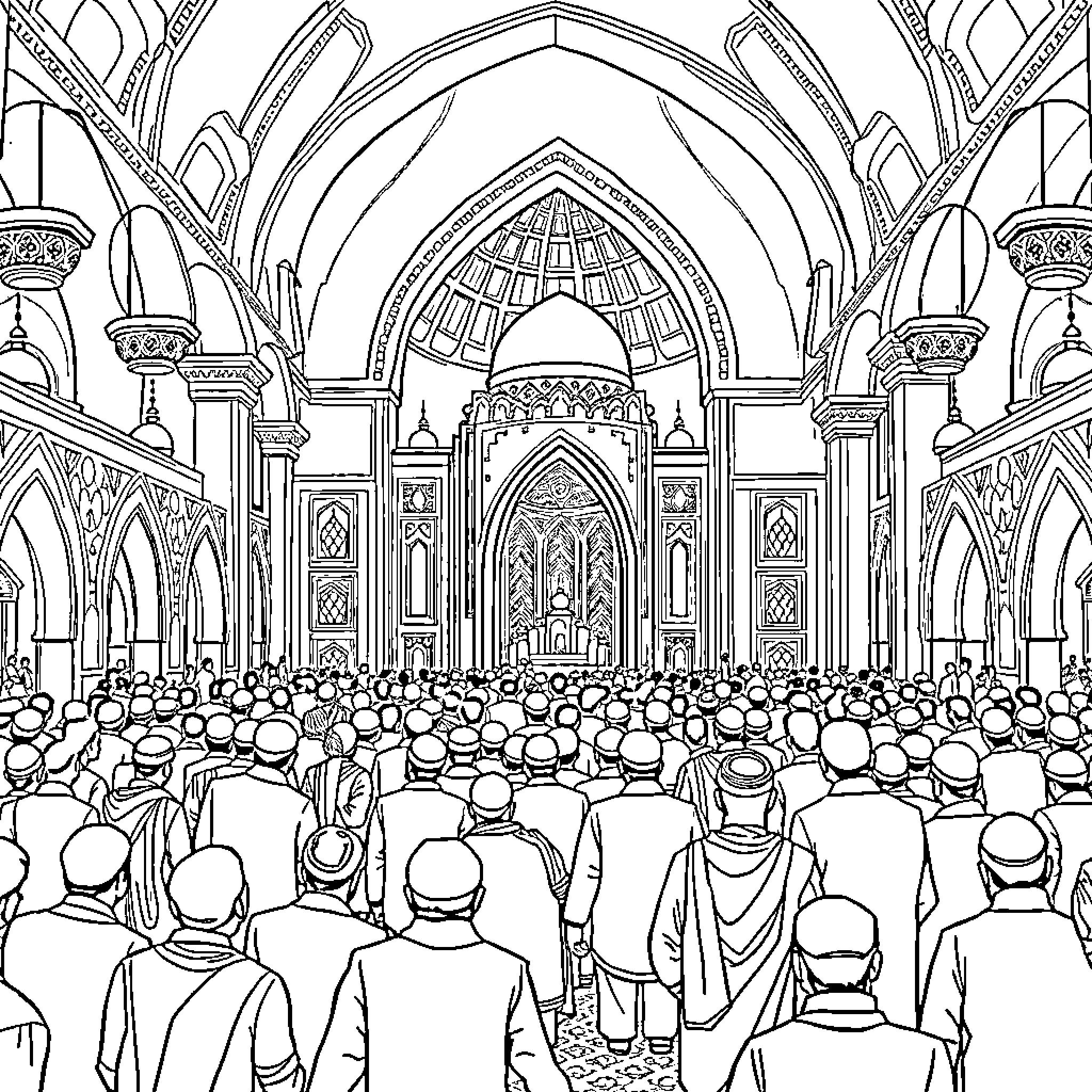 Islamic Gathering in a Grand Ornate Mosque Coloring Page (free black-and-white line drawing printable PDF for all, from beginners to advanced learners, including children, teens, adults, and seniors)