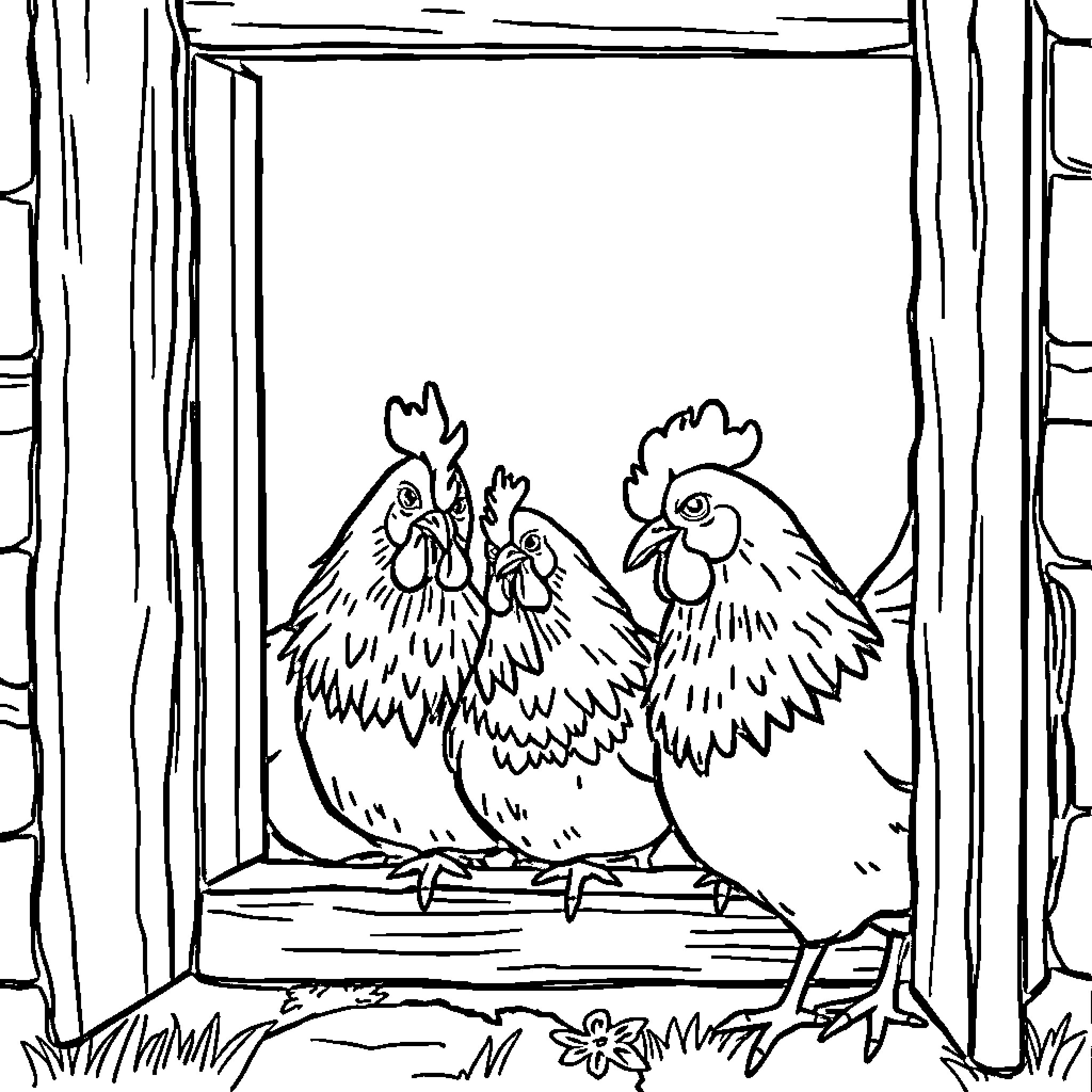 Chicken siblings perched in rustic window frame Coloring Page (free black-and-white line drawing printable PDF for all, from beginners to advanced learners, including children, teens, adults, and seniors)