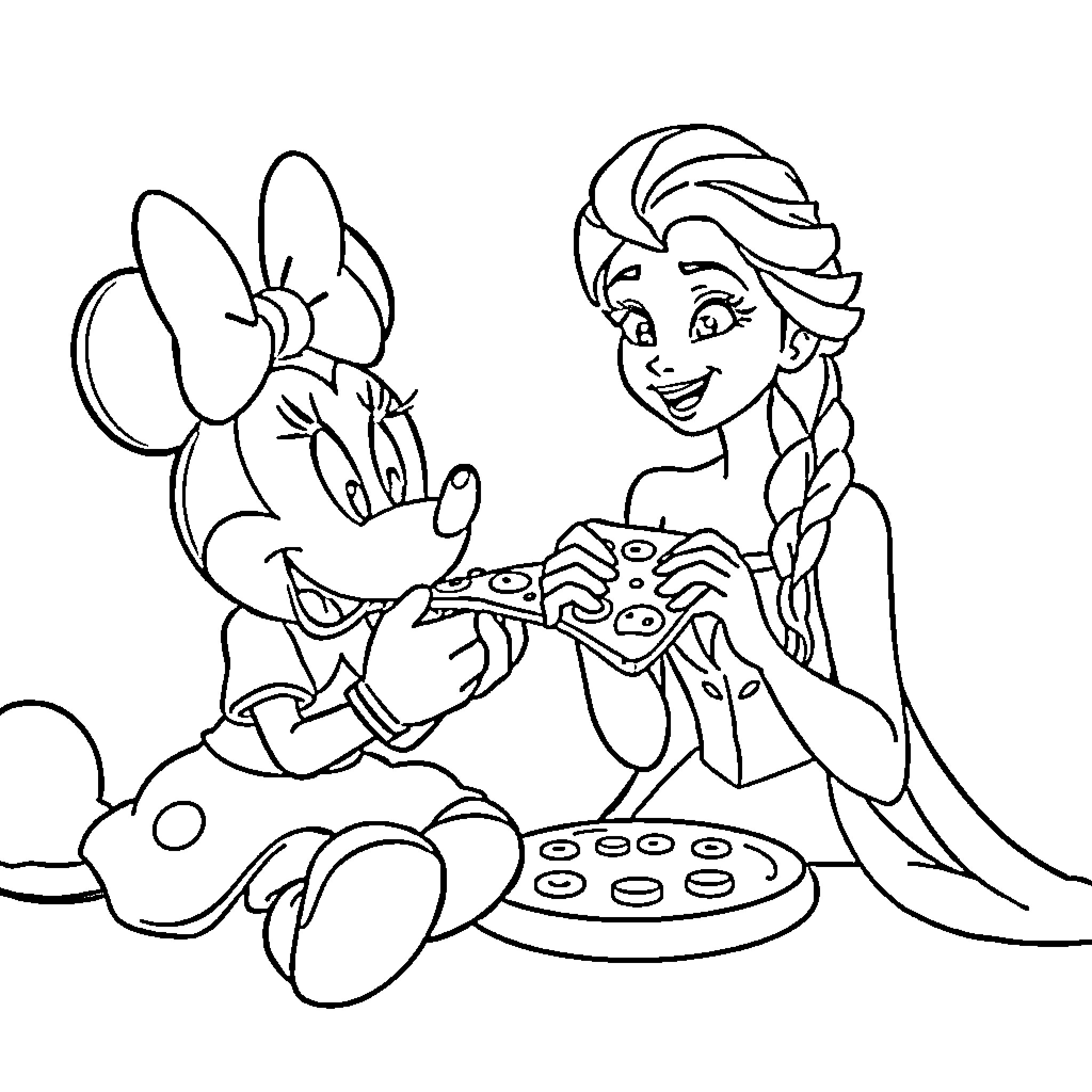 Elsa baking treats with Minnie Mouse Coloring Page (free black-and-white line drawing printable PDF for all, from beginners to advanced learners, including children, teens, adults, and seniors)