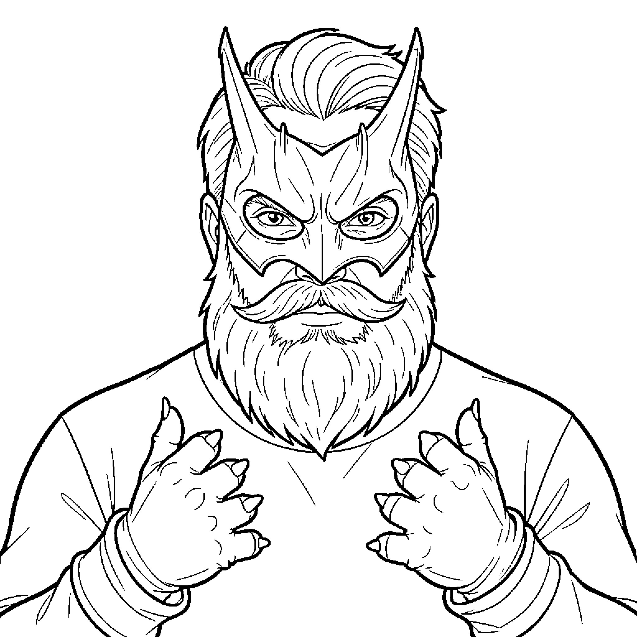 Man wearing a horned mask with a thick beard Coloring Page (free black-and-white line drawing printable PDF for all, from beginners to advanced learners, including children, teens, adults, and seniors)