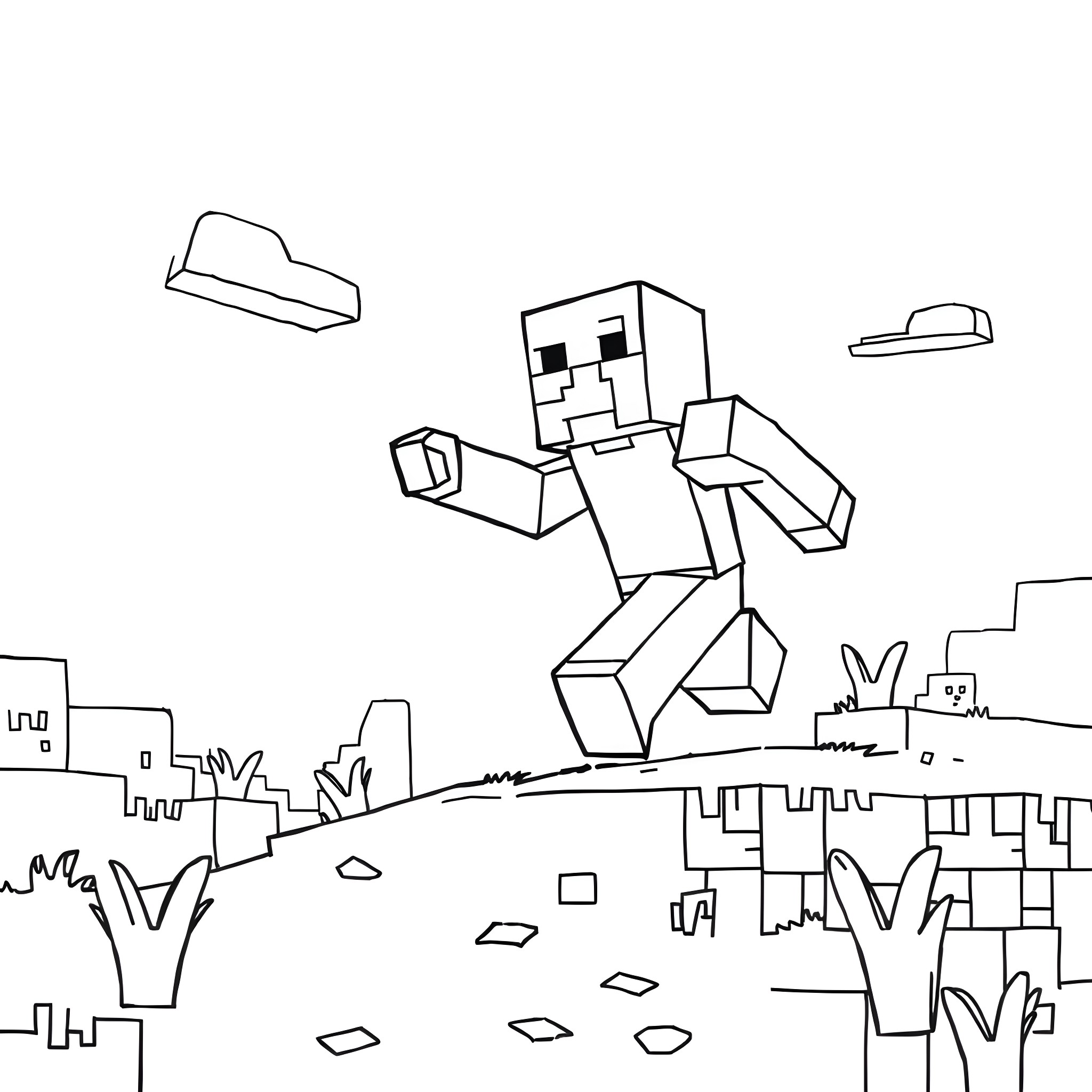 Minecraft character exploring a blocky landscape Coloring Page (free black-and-white line drawing printable PDF for all, from beginners to advanced learners, including children, teens, adults, and seniors)