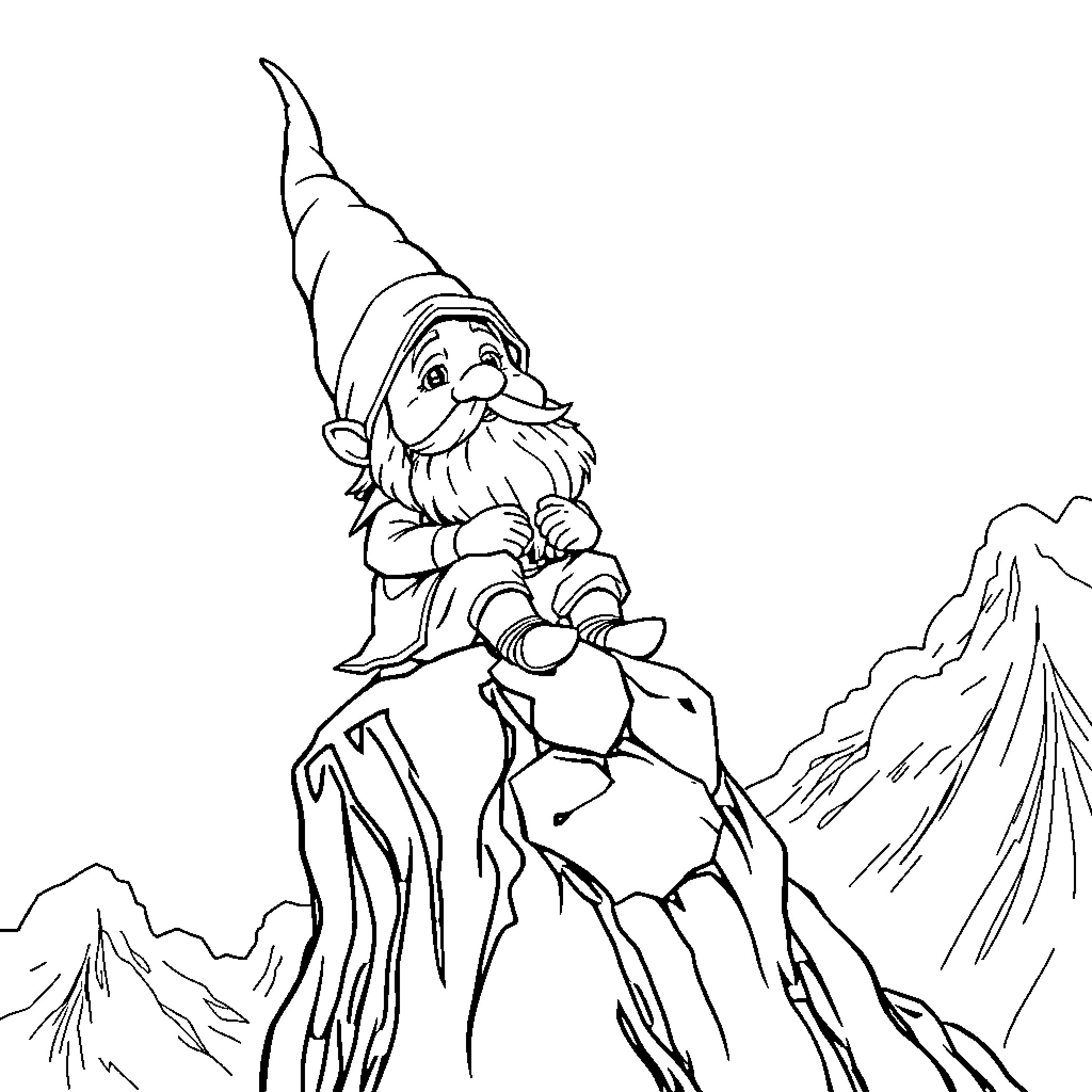 Gnome exploring rocky mountain terrain Coloring Page (free black-and-white line drawing printable PDF for all, from beginners to advanced learners, including children, teens, adults, and seniors)