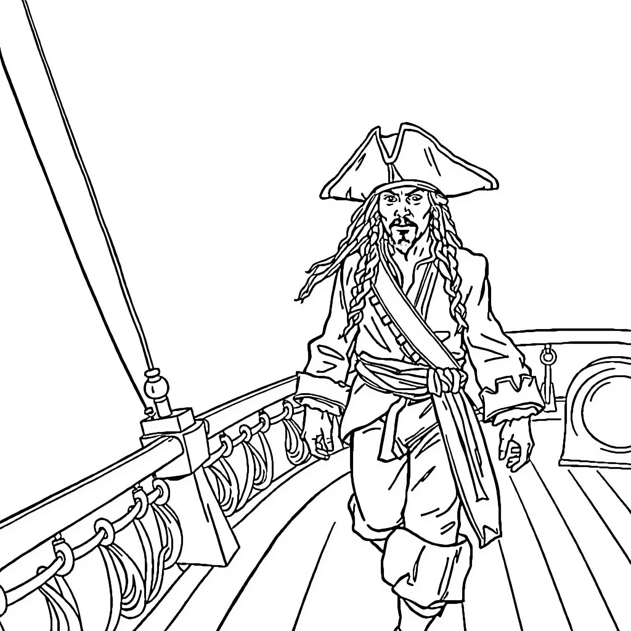Captain Jack Sparrow standing on the ship deck with sword in hand Coloring Page (free black-and-white line drawing printable PDF for all, from beginners to advanced learners, including children, teens, adults, and seniors)