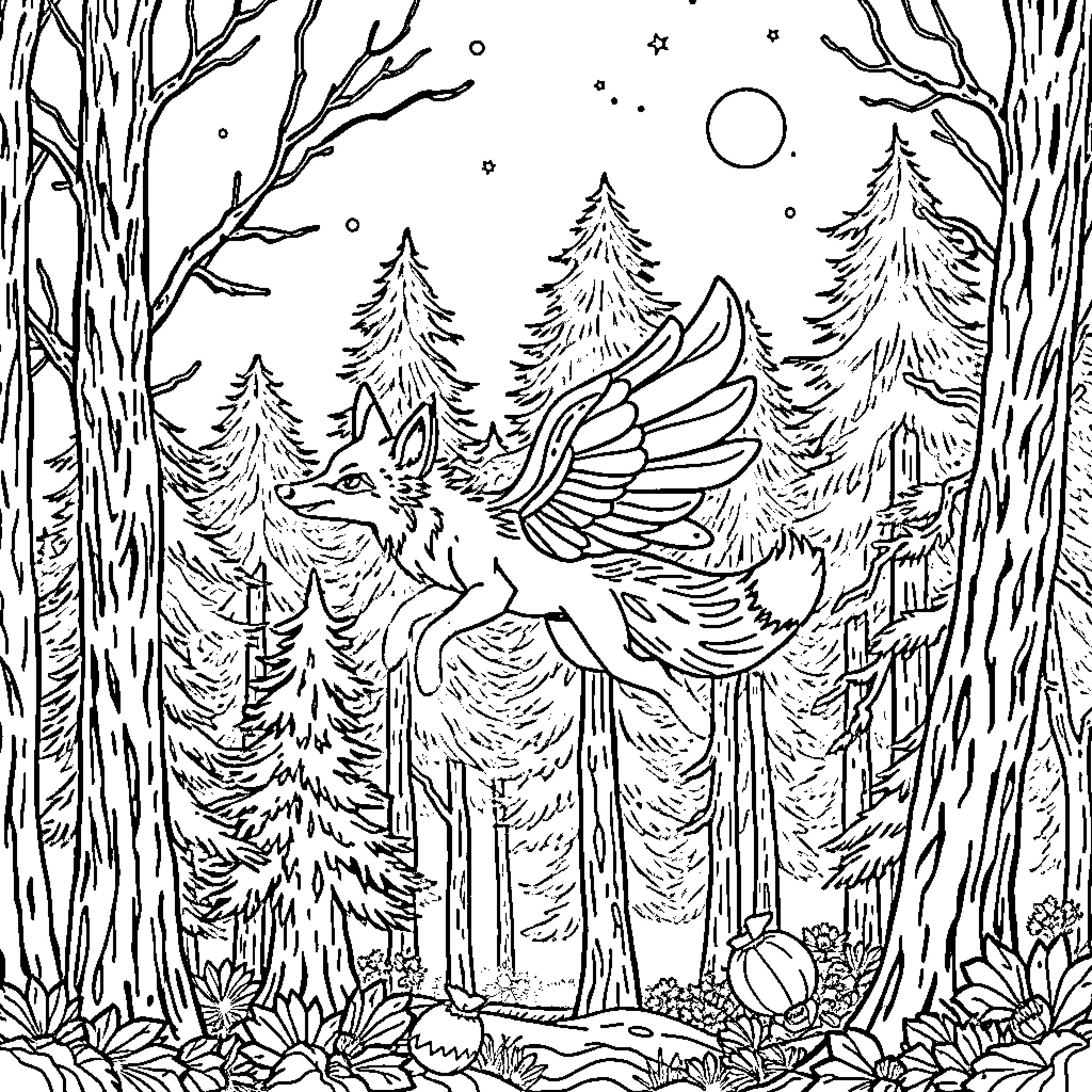 Fox with wings soaring through the enchanted forest Coloring Page (free black-and-white line drawing printable PDF for all, from beginners to advanced learners, including children, teens, adults, and seniors)