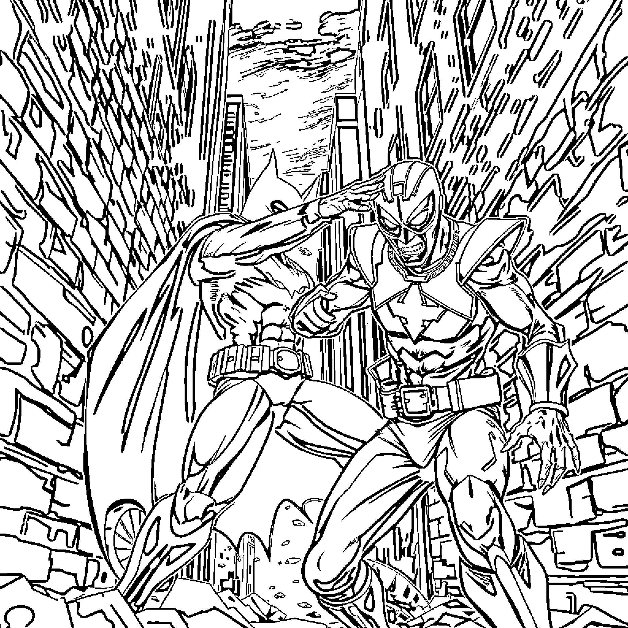 Batman confronting villains in the city Coloring Page (free black-and-white line drawing printable PDF for all, from beginners to advanced learners, including children, teens, adults, and seniors)