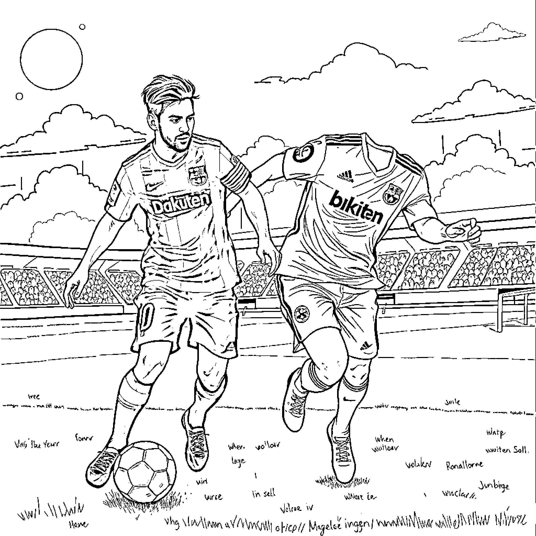 Messi and Teammate Playing Soccer on Field Coloring Page (free black-and-white line drawing printable PDF for all, from beginners to advanced learners, including children, teens, adults, and seniors)