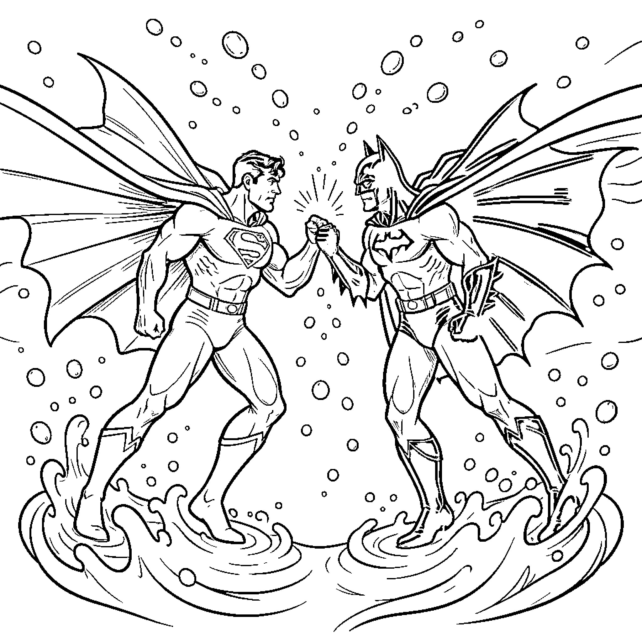 Superman facing off against Batman in a battle Coloring Page (free black-and-white line drawing printable PDF for all, from beginners to advanced learners, including children, teens, adults, and seniors)