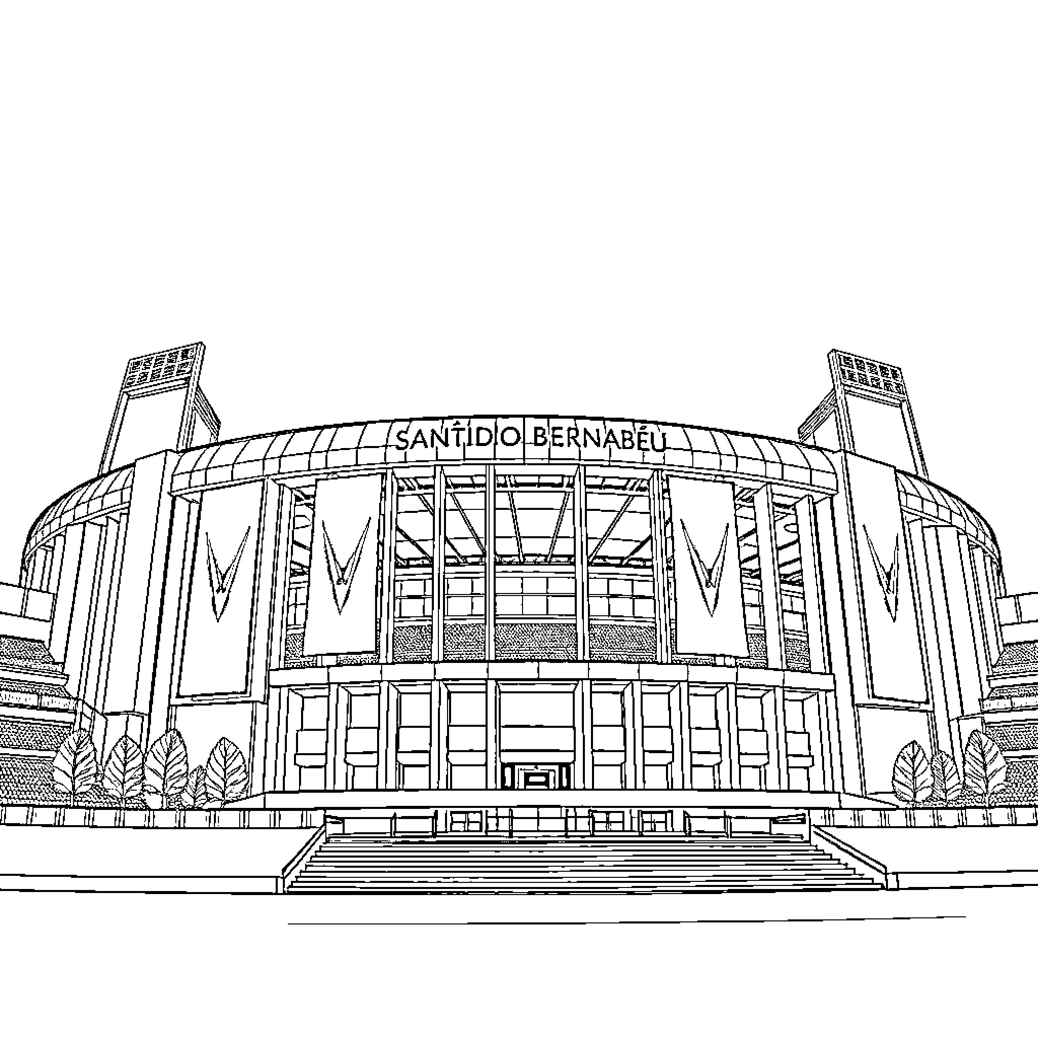 Stadium featuring architectural design and signage Coloring Page (free black-and-white line drawing printable PDF for all, from beginners to advanced learners, including children, teens, adults, and seniors)