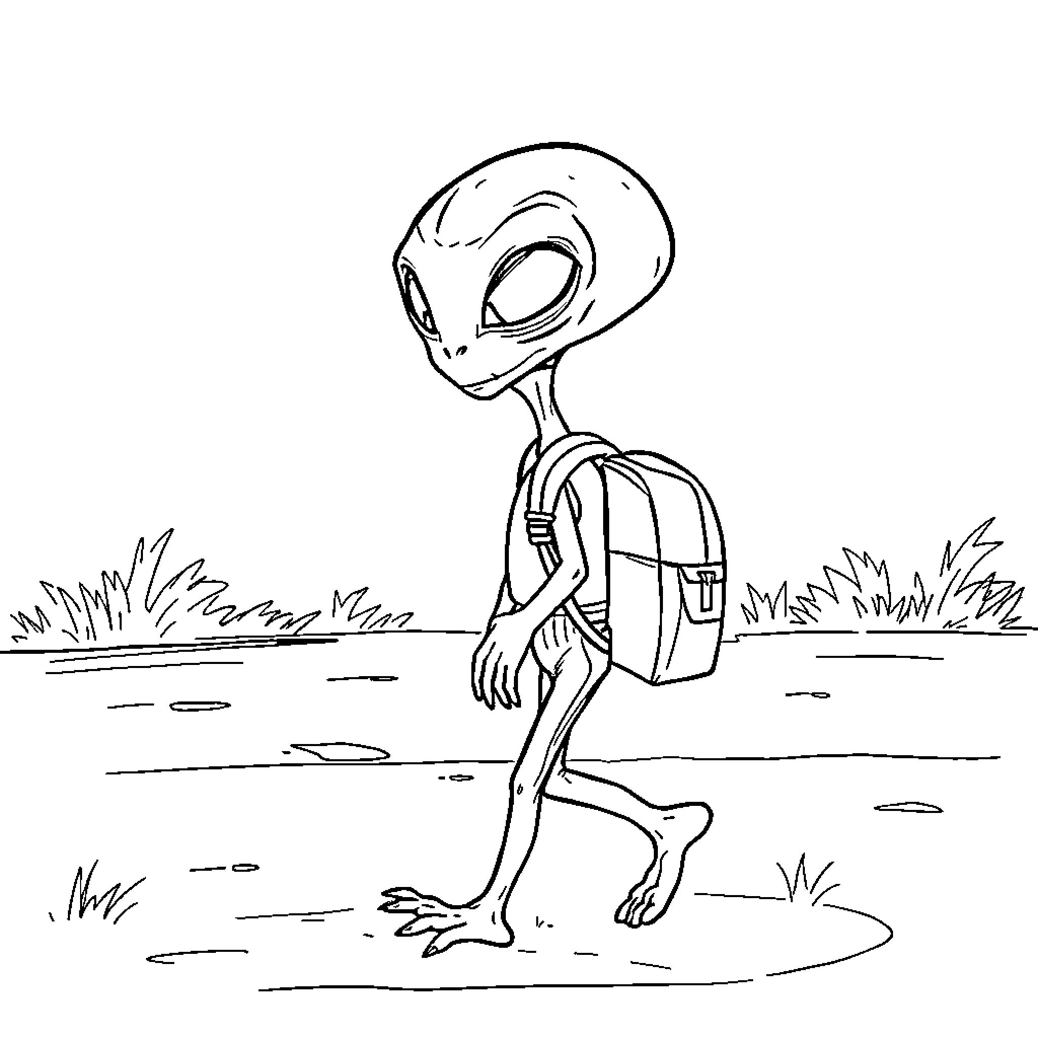 Extraterrestrial Traveler Exploring Unfamiliar Terrain Coloring Page (free black-and-white line drawing printable PDF for all, from beginners to advanced learners, including children, teens, adults, and seniors)